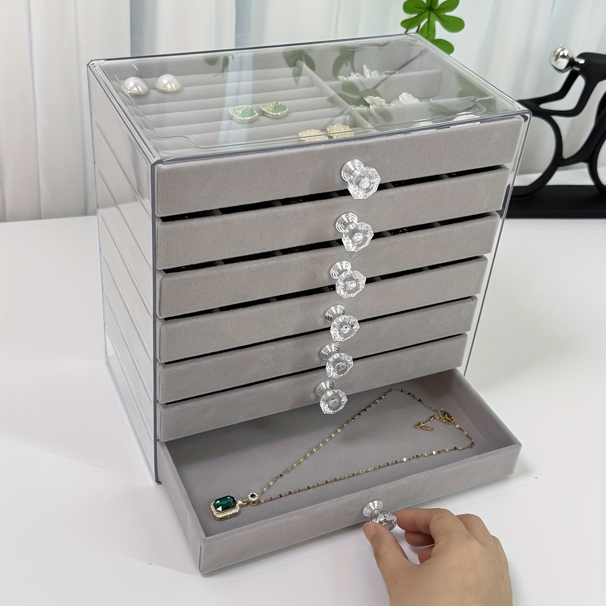 7 layer transparent plastic jewelry organizer box with fabric lined compartments secure   closure contemporary octagonal design multi use desktop storage for earrings rings necklaces jewelry organizer storage durable polished   jewelry boxes Product details 7