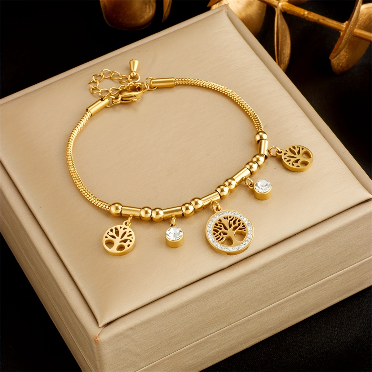 

Elegant Stainless Steel Gold-plated Bracelet With Rhinestone Accents And Charms For