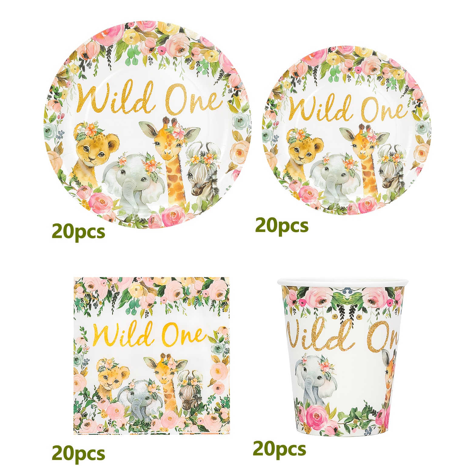 Image of Wild 1 -themed Birthday Party Supplies Set - 80pcs Tableware Kit With Plates, Napkins & Cups For First Birthday Celebrations