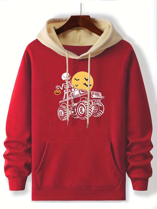Mens 3D Printed Halloween Pumpkin Hoodie - Polyester Knit, Long
