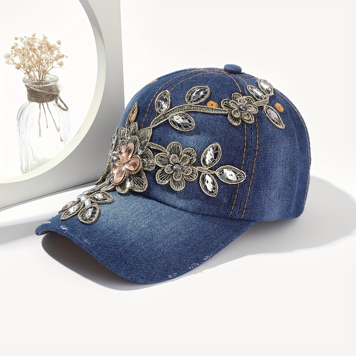 TEMU 1pc Women's Hat, Spring/summer Handmade Applique Rhinestone Baseball Cap, Casual Versatile Fashion Duckbill Cap, Outdoor Vacation Hat. Glue Gun