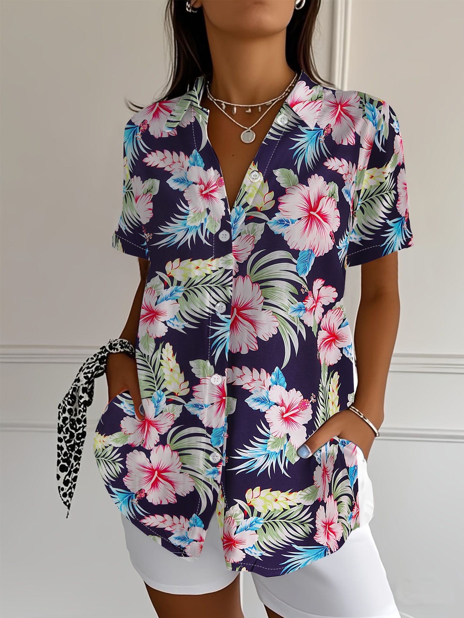 Camisa Hawaiana para Mujer, Blusa de * Suelta con Botones y Estampado  Floral - Top Casual para Playa o Vacaciones, image size:800x1067
