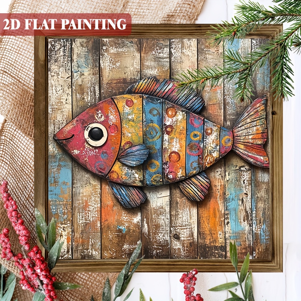 TEMU 2d Flat, 1pc Vibrant Coastal-themed Colorful Wooden Fish Wall Art Sign - Rustic Wood Plaque With Multicolor , 8x8 Inch For Home Decor For