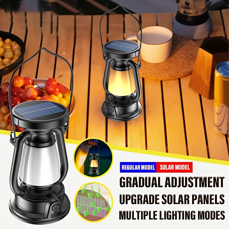 2pcs Portable LED Solar Handheld Light, LED Tent Lantern, Solar/Usb Rechargeable Work Light with Hook, Bright Night Lighting Flashlight for Camping, Hiking, Traveling, Fishing, Gatherings, And Power Outage Emergency Tools