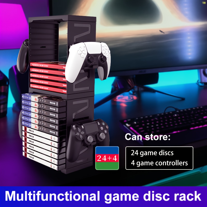 

Iplay Multifunctional Game Disc Storage Rack For Ps5, Ps4, Switch, - Abs Material Controller And Disc Organizer Stand With Capacity For 24+4 Game Discs And 4 Controllers, No Electronic Components