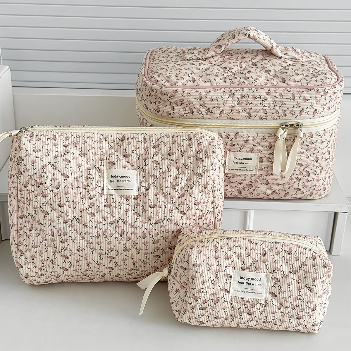 TEMU 1/3pcs Of Corduroy Pink Flower Pattern Women's Makeup Bag, Portable Large Capacity Travel Makeup Bag, Octagonal Makeup Brush Storage Bag, Multi