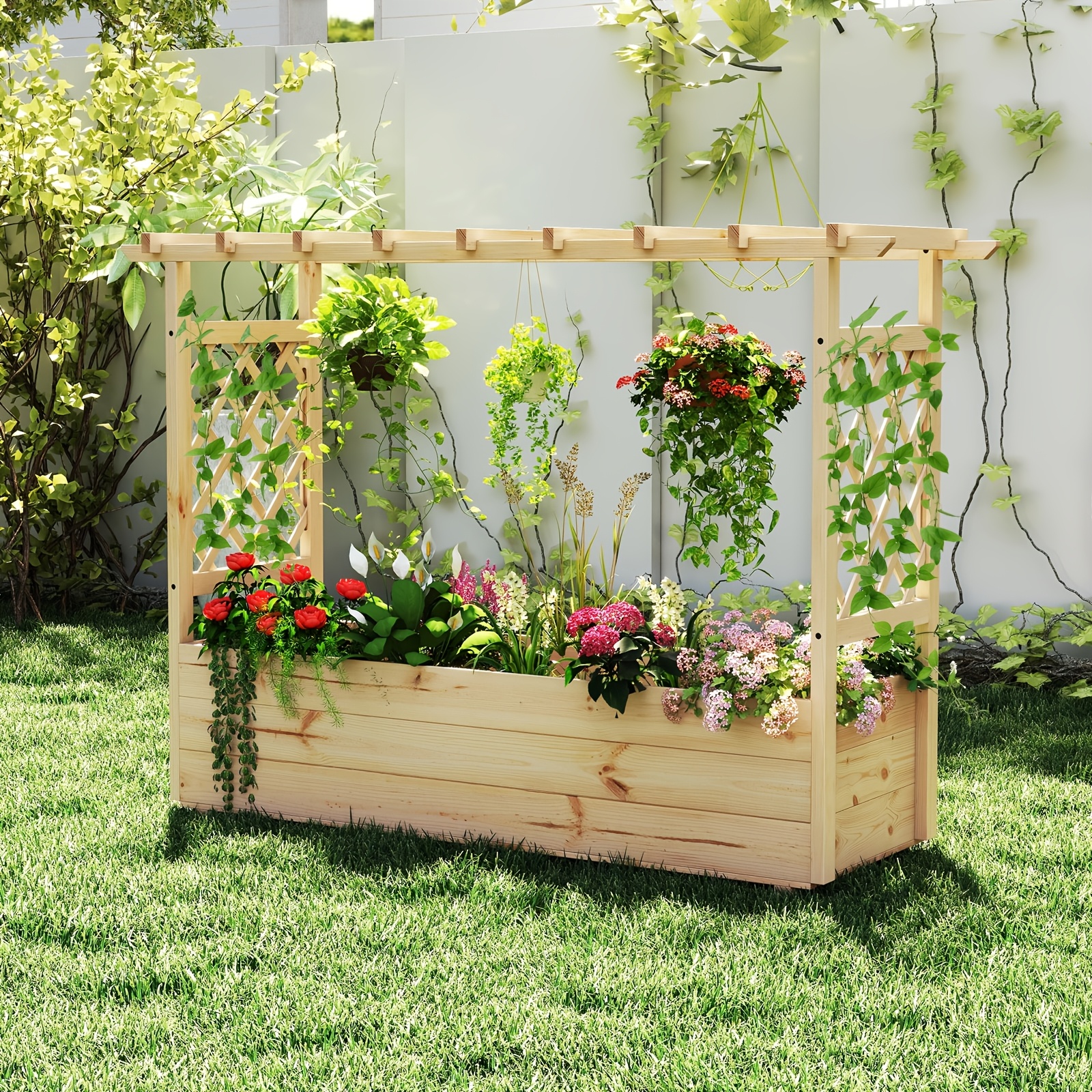Raised Garden Bed/lattice Trellises, Hanging Roof, Drainage, Wooden Elevated Planter Box For Climbing Vine Flower Vegetable Fruit, Indoor Outdoor Patio Balcony Solid Wood Planter Stand