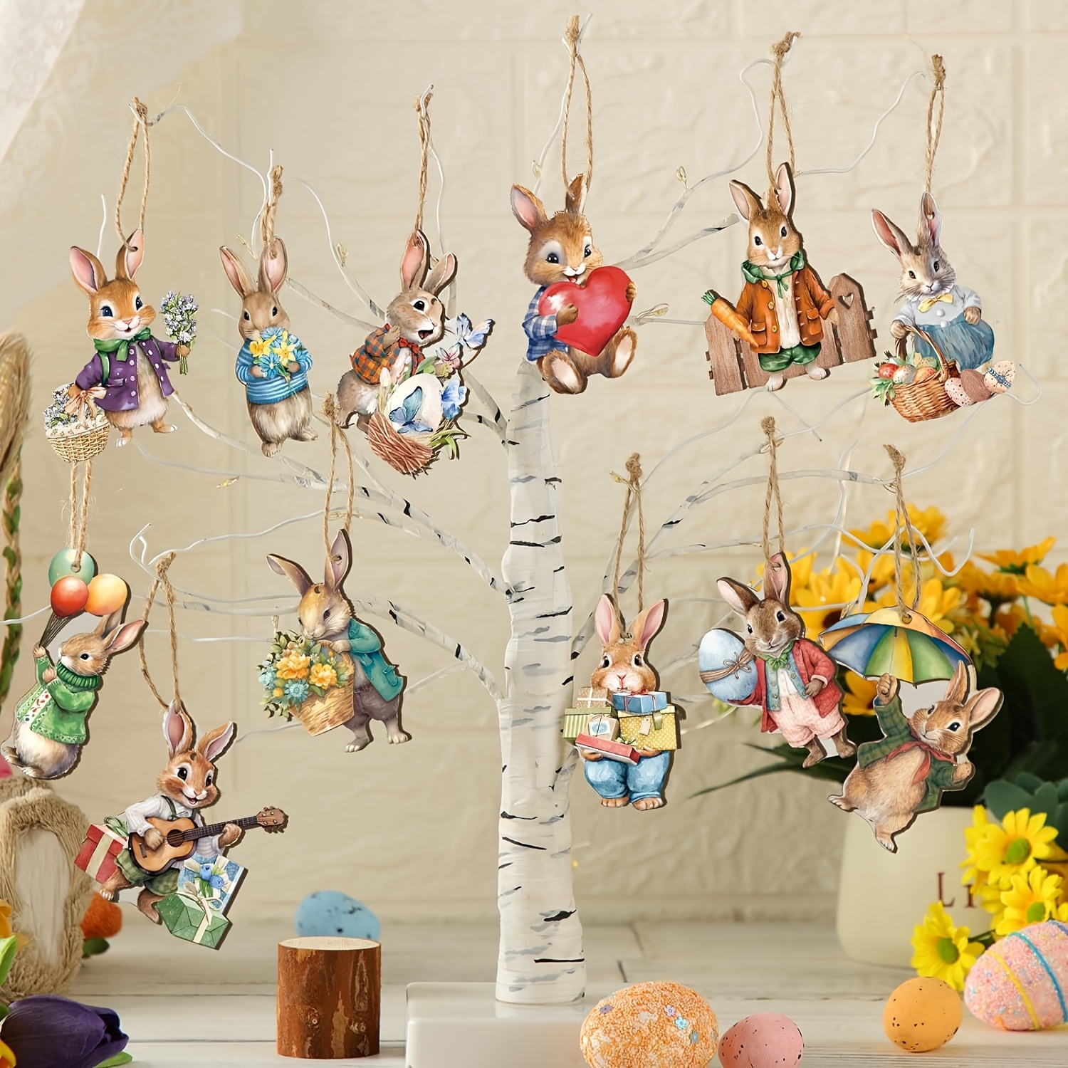 

A Set Of 12 Wooden Easter Bunny Ornaments For Spring Tree Decorations, Featuring Hollow Designs For A Rustic Spring Vibe.