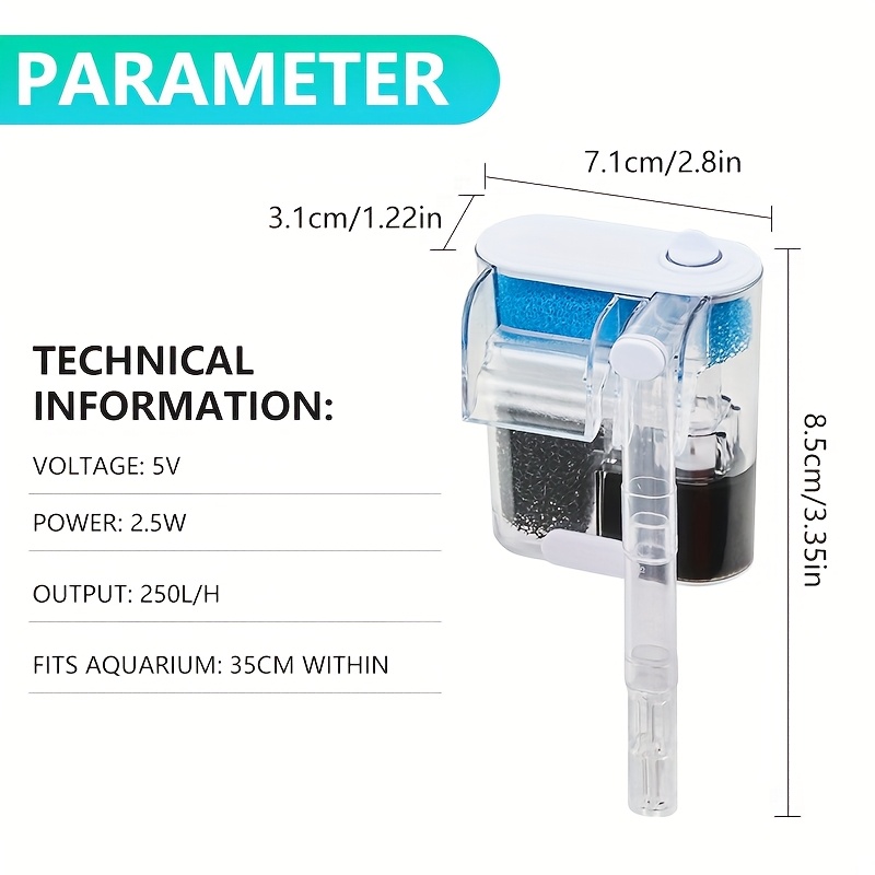 TEMU Aquarium Hang On Filter - Power Waterfall Suspension Oxygen Pump - Submersible Hanging Wall Mounted Fish Tank Filtration Water (5 Gal), Without Battery