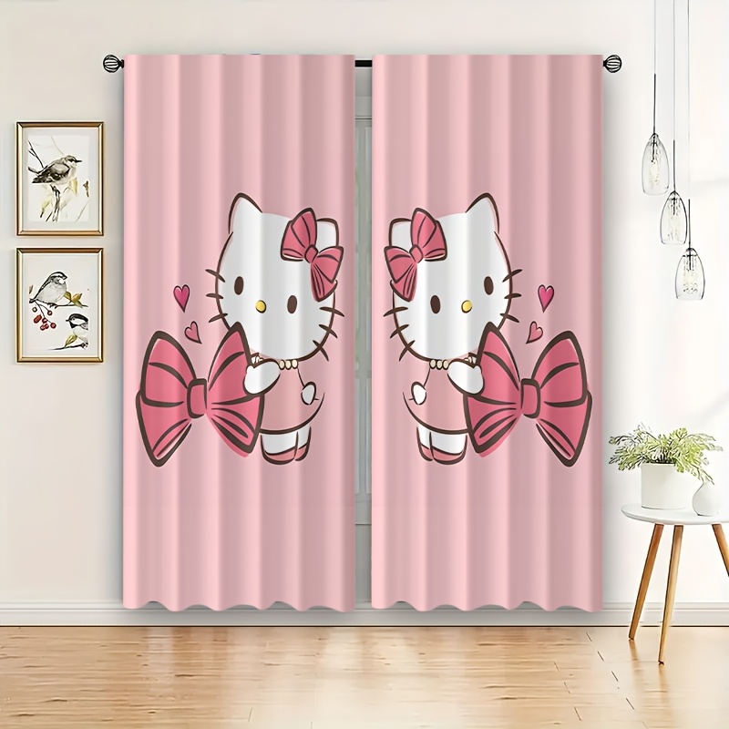 2pcs Cartoon Blackout Curtains Kitty Bow Pattern Rod Pocket Polyester Curtains, Suitable for Kitchen, Bedroom, Living Room And Office Decoration, Machine Washable