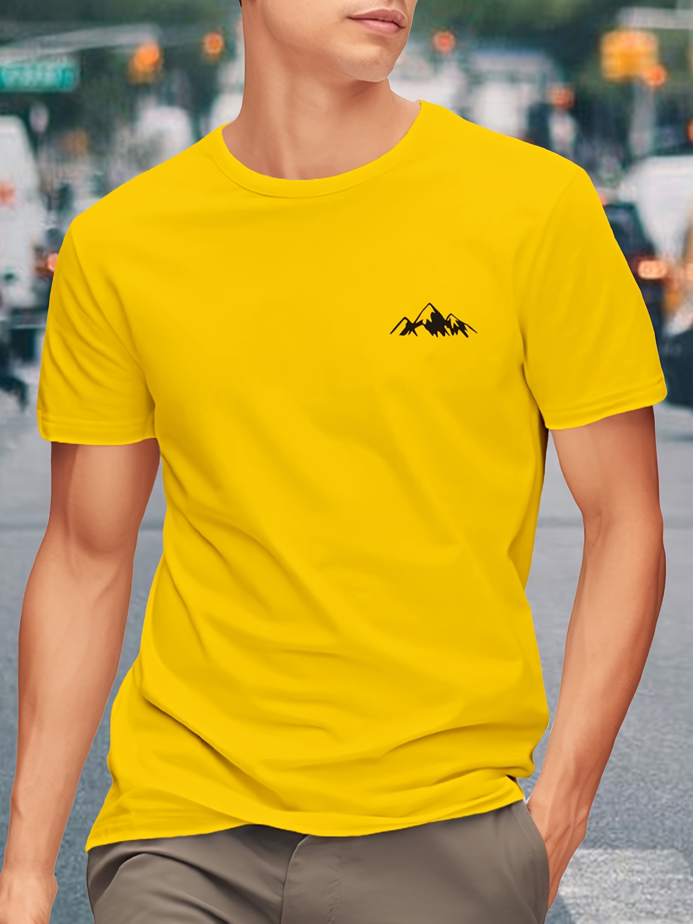 Men'S Heavyweight 180gsm Mountain Graphic T-Shirt - Minimalist Black Line Drawing, Non-Stretch Fabric for Gym, Hiking, Casual Casual Attire - Everyday Essential Tee for Outdoor Enthusiasts, Hiking Apparel, Round Neckline Shirt, Durable Casualwear, Gym Clothing, Basic Style, Breathable Material, Short Sleeve Top, Active Lifestyle