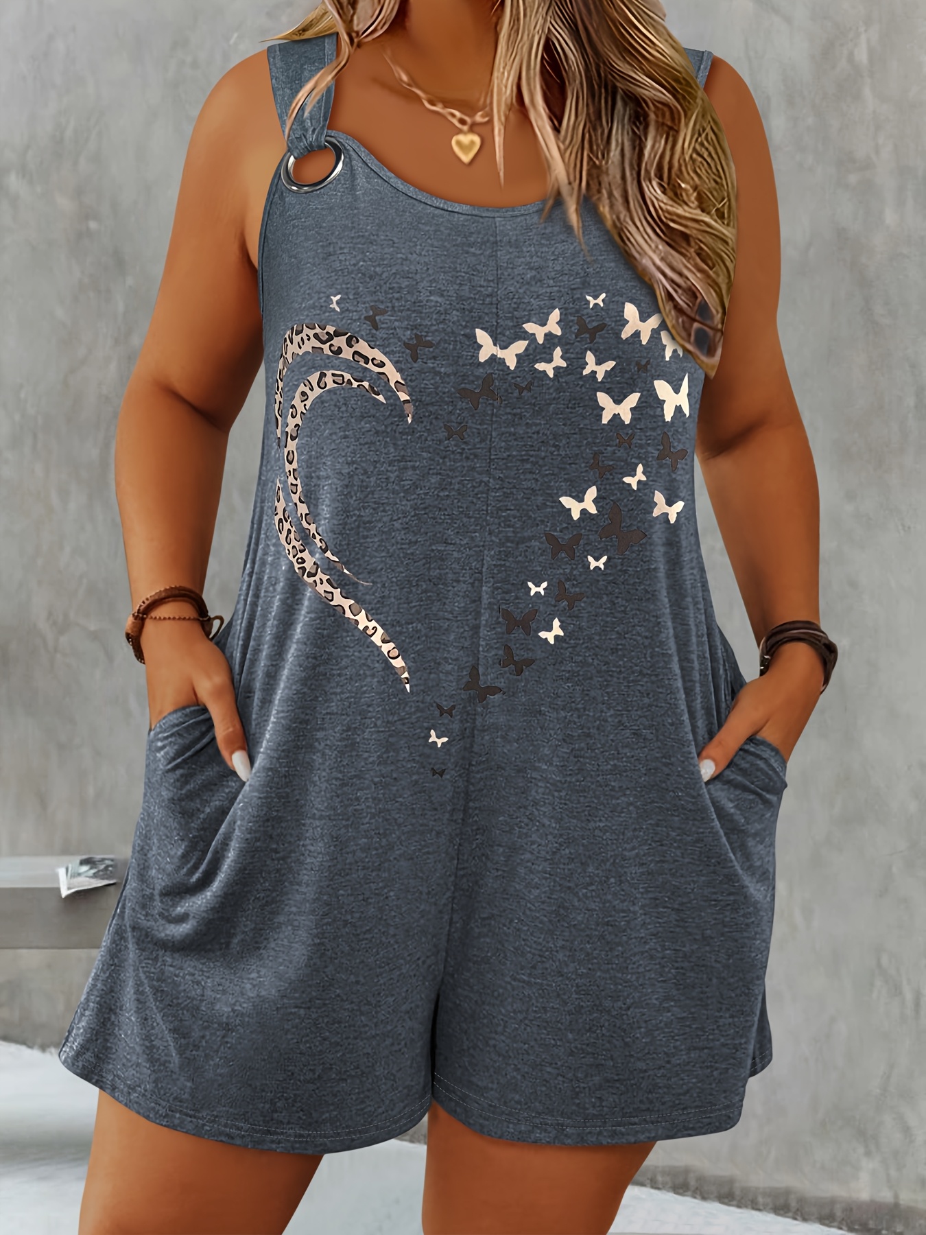 plus size womens fashion   print romper with round neck ring decoration pockets sleeveless vest jumpsuit casual elegant shorts plus size romper womens clothing
