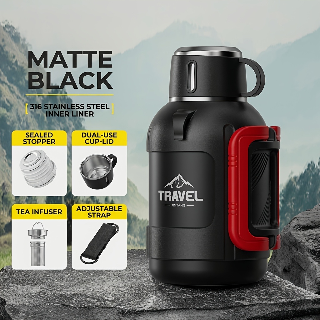TEMU Steel Insulated Bottle, 1600ml/54-ounce Large Capacity Vacuum Cup, Portable Sipping Lid-ideal For Home, Outdoor Activities, Camping, Sports,