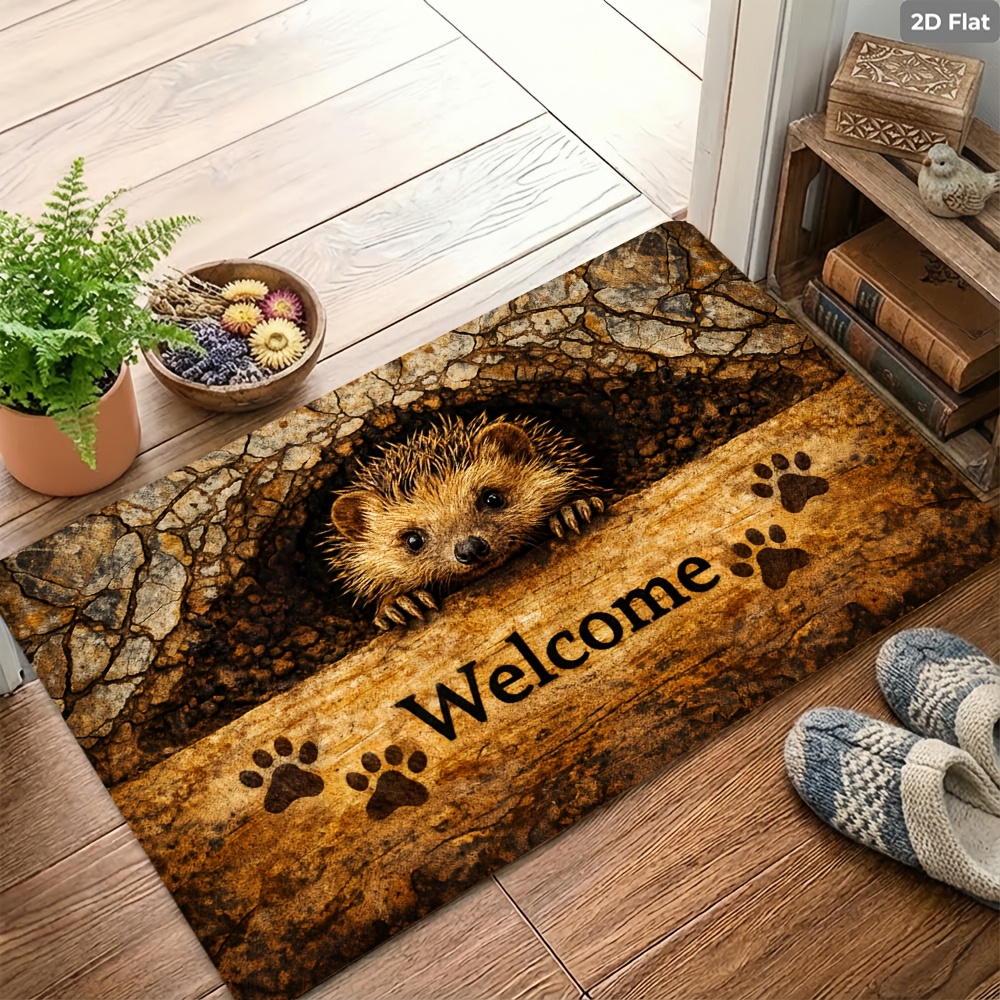 TEMU Cute Hedgehog Pattern Doormat, 2d Flat, 850g/ã¡, Velvet, Style, Suitable For Indoor, Bedside, Kitchen, Bathroom, Washbasin, Toilet, Entrance,