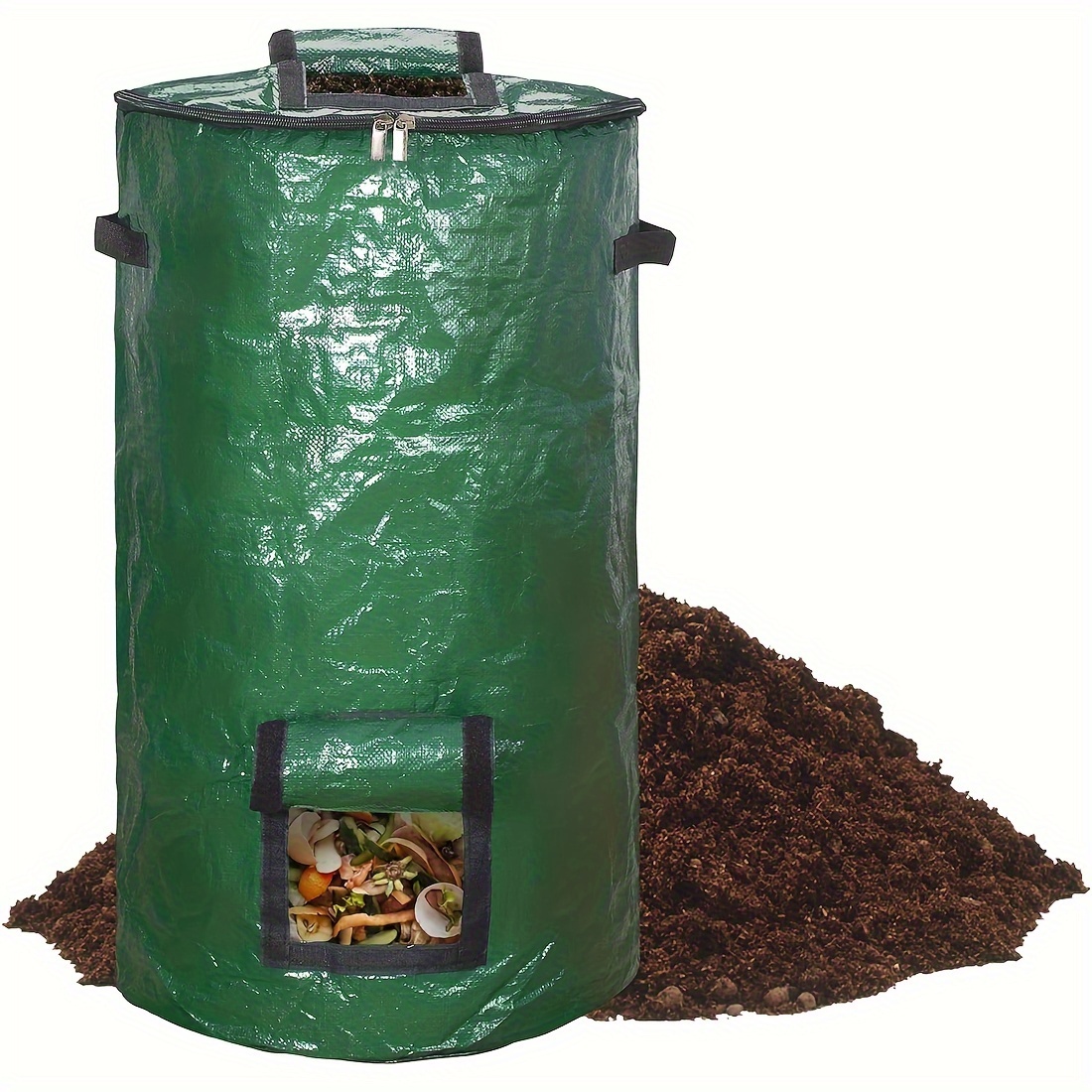 

1pc 34 Gallon Compost Bag With Zippered Lid And Handles, Reusable Garden Yard Waste Bag, Outdoor Container, Rustic Green Heavy-duty Composting Garden Garbage Bag