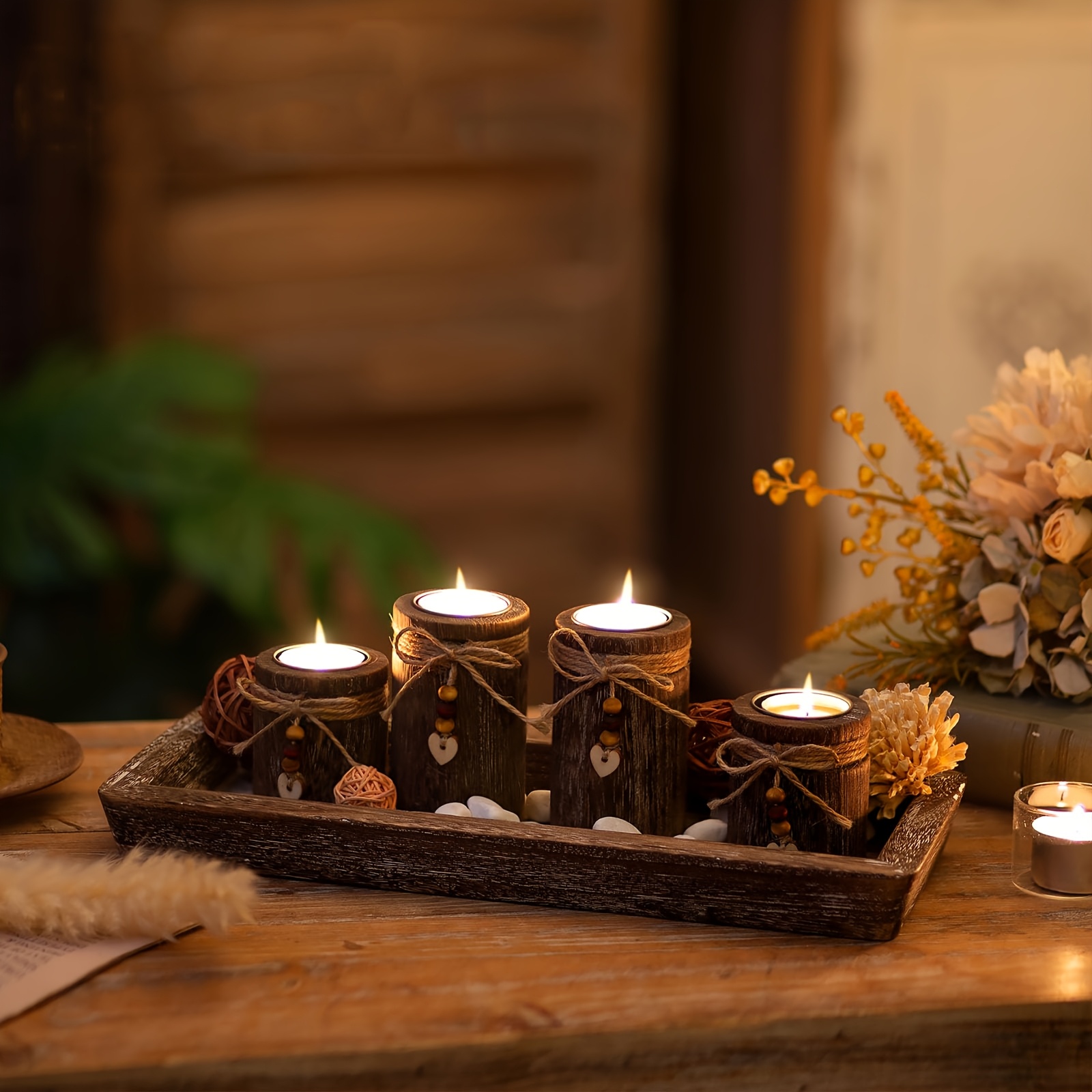 Image of 1set Farmhouse Coffee Table Decor Decorative Trays - Boho Wooden Tray With 4 Tealight For Tables Centerpiece Decorations For Dining Room Fireplace Kitchen, Non-food Contact