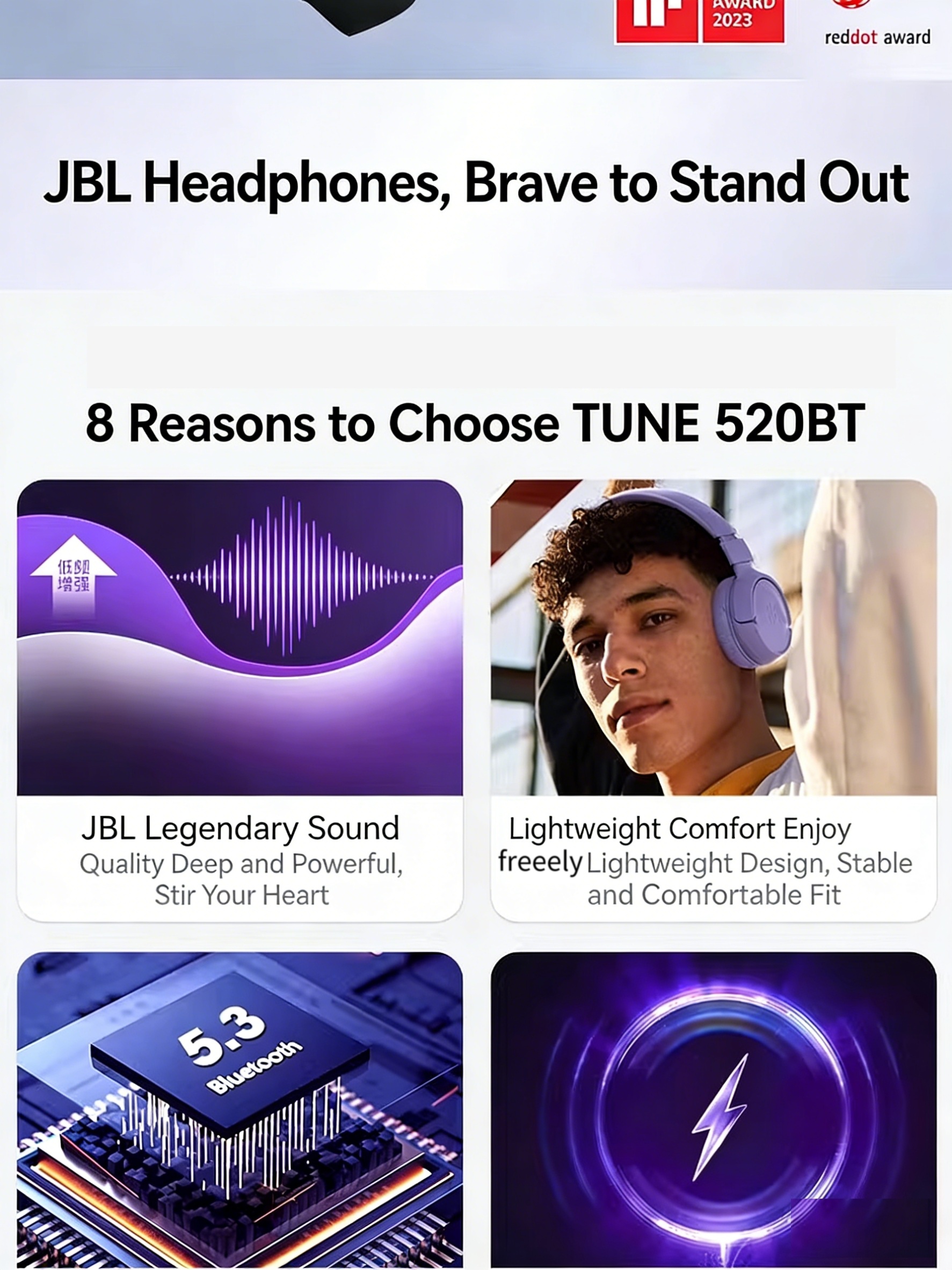 JBL Tune 520 BT, On-Ear Wireless Headphones, Pure Bass, 33Mm Dynamic Driver, Restoring Music Details, Call Noise Reduction, JBL APP, Multi-Scene, Suitable for Pop/Rock And Other Genres
