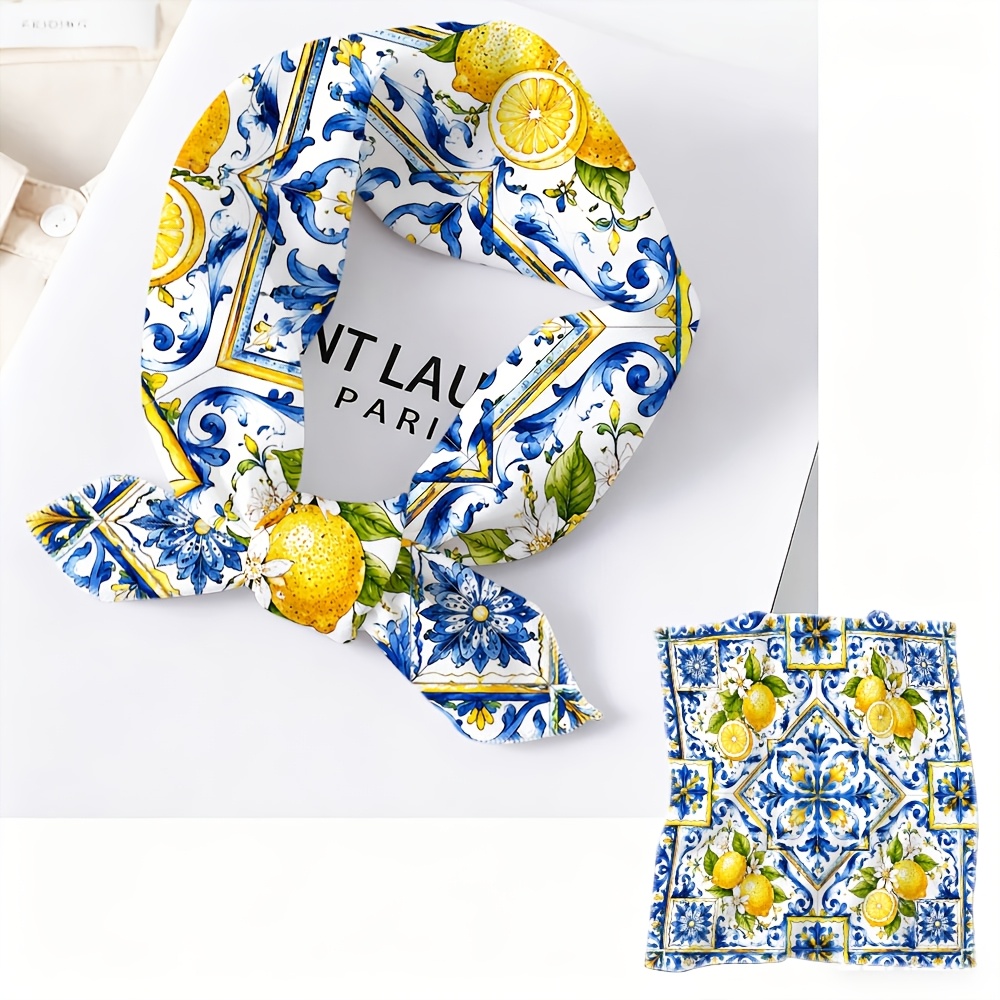TEMU 1 pz, Foulard/Sciarpa con Stampa Blu a Citron, Elegante Foulard, Tessuto e , Accessorio Moda Casual, Sciarpa Decorativa per il , Raffinato,
