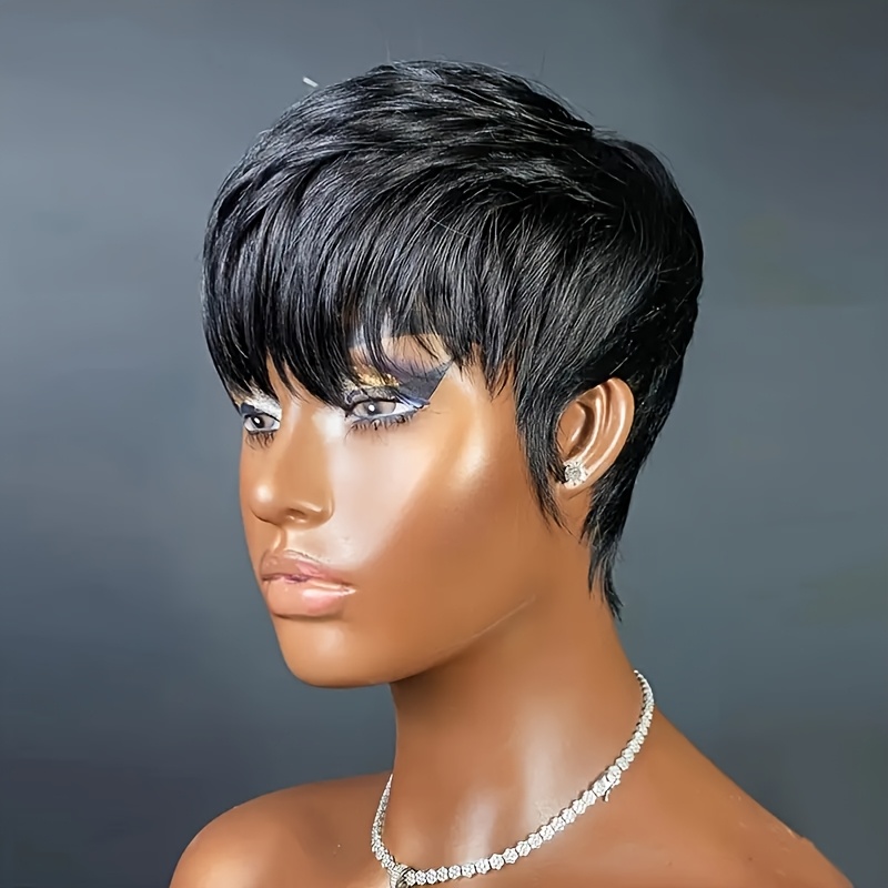 

| Elegant Women's Cut Wig - 150% Density, Straight Peruvian Human Hair, Short With Bangs, Glueless Cap, Ideal For Daily & Party Use, Short Hair Wig