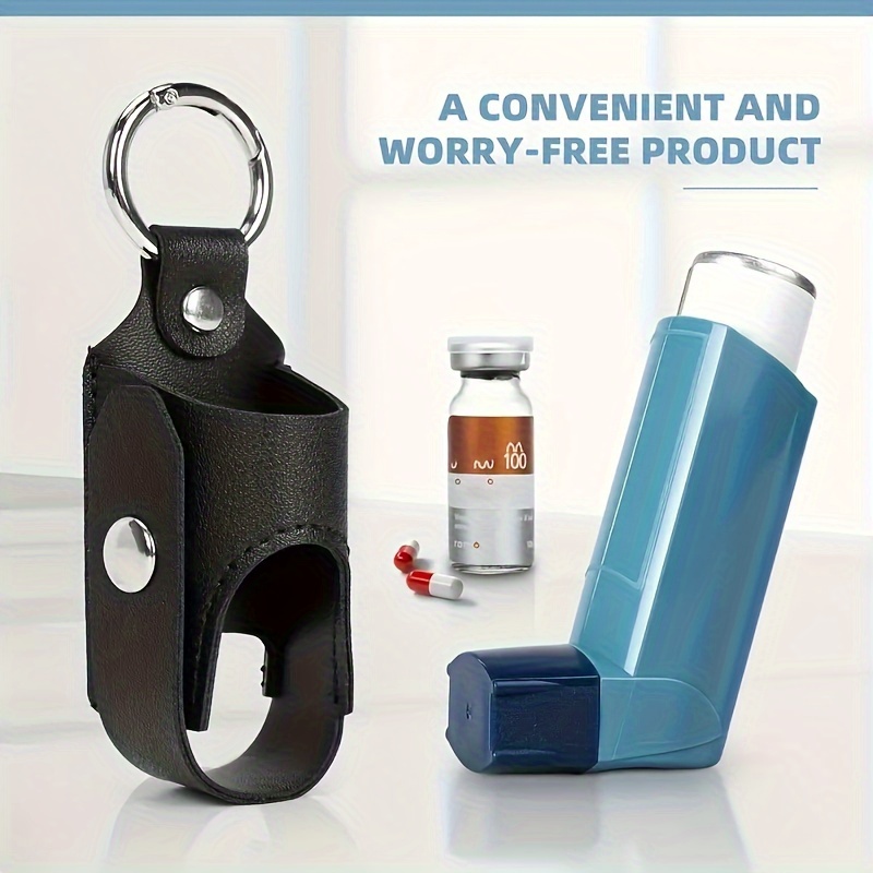 

Pu Leather Asthma Inhaler Holder Keychain - Portable & Lightweight Design - Fashionable Black Magnetic Case For Daily Adult Use - Detachable Button And Easy Carry Accessory For Bag Or Phone