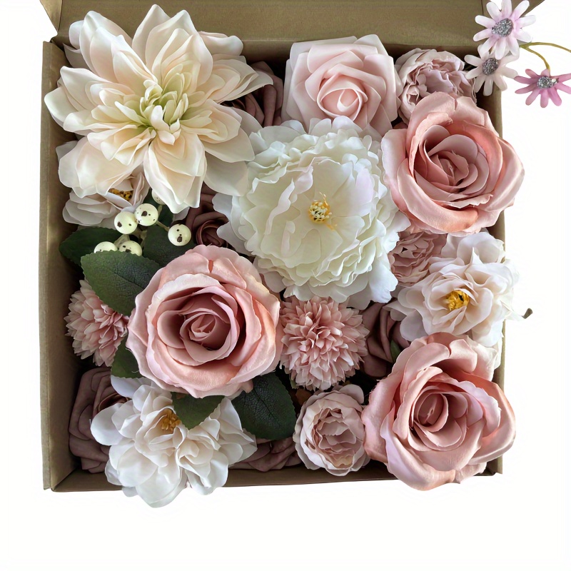 19pcs, Roses Artificial Flowers Pink Bouquets Box Set For Diy Bridal Wedding Shower Decorations Fake Floral Arrangements For Party Table Centerpieces Home Decor Indoor Outdoor Dusty Blush
