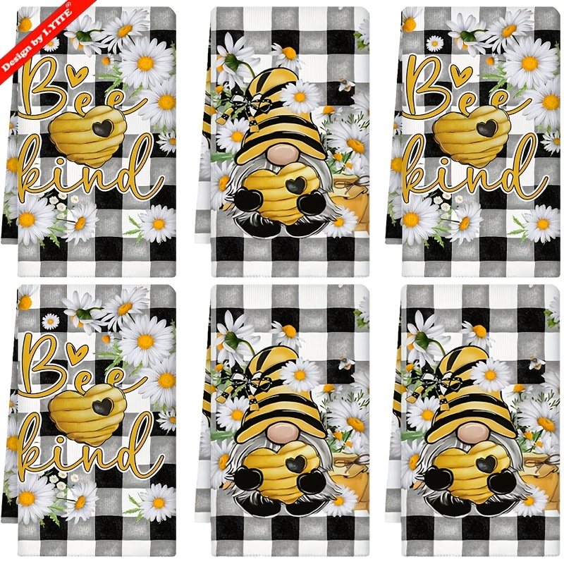 TEMU 6pcs/set, Cute Cartoon Bee & Gnome Printed Christmas Kitchen Towels, Colors, 16x24in Microfiber Soft & Absorbent Rustic , Christmas/home/holiday