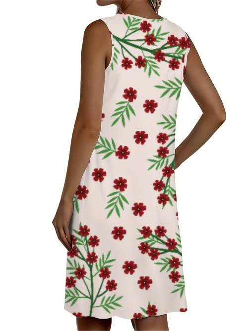 womens sleeveless casual dress soft breathable length with vibrant red floral print on light beige round neck machine washable