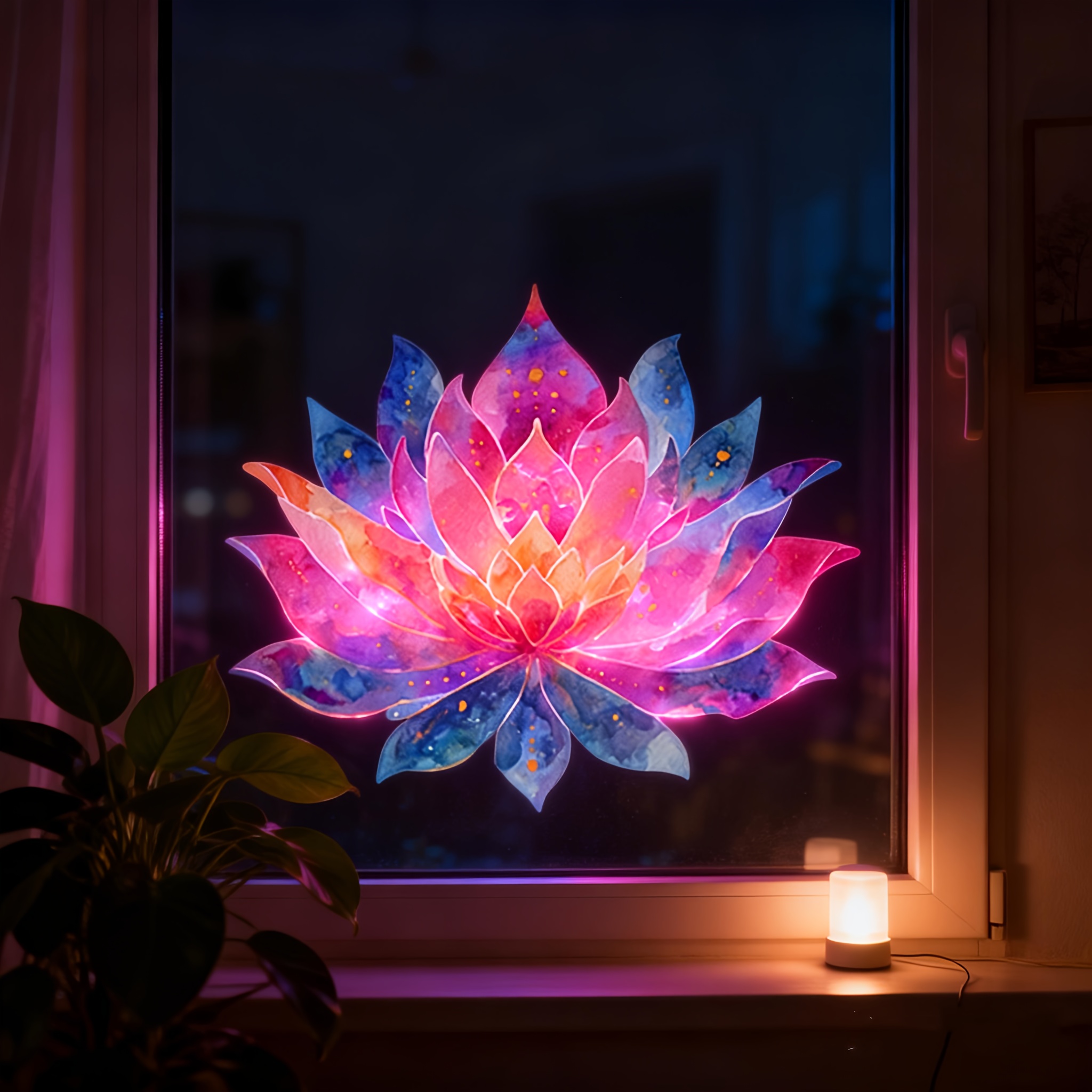 Image of 1pc Luminous Gradient Color Lotus Window Sticker, Self-adhesive, Decorative Wall Art For Living Room And Bedroom Windows