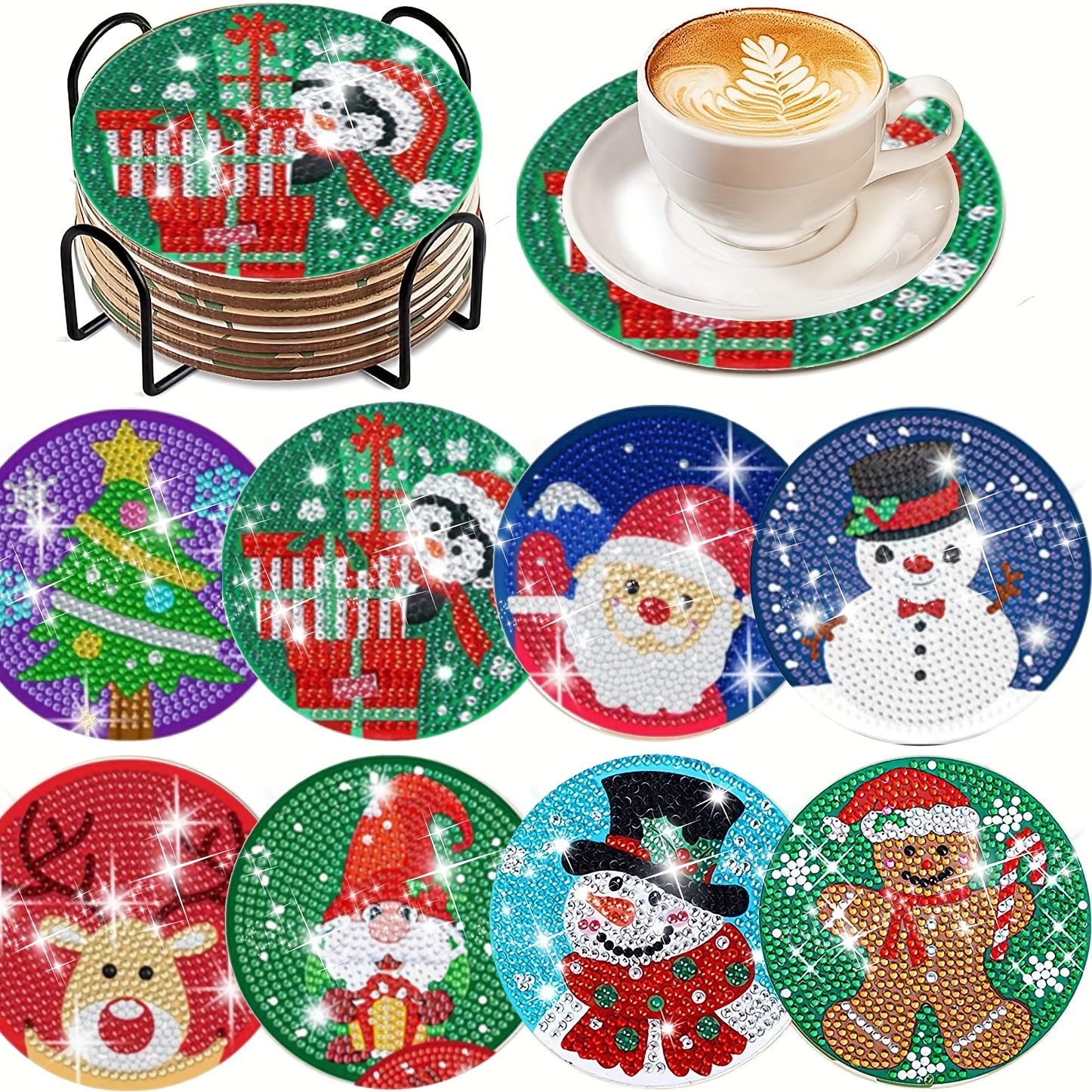 

[customer ] 8pcs Diy Diamond Painting Coaster Set With Stand - Round Gemstone Art Kit For Adults, Christmas Theme, Craft Gift For Beginners