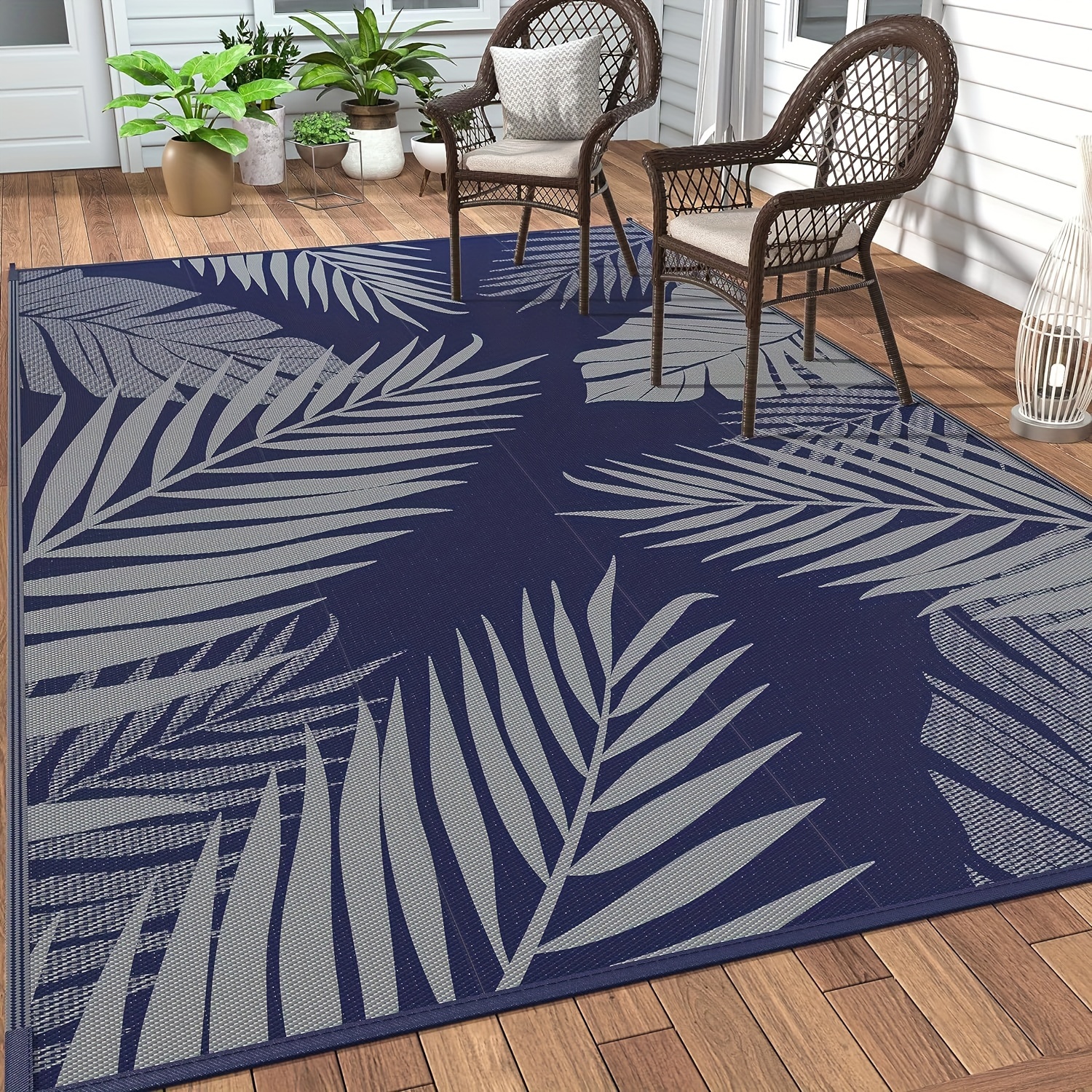 

Outdoor Rug Waterproof For Patios Clearance, Reversible Outdoor Plastic Straw Camping Rug Carpet, Large Area Rugs Mats For Rv, Camper, Deck, Balcony, Porch, Beach, Navy Blue&grey