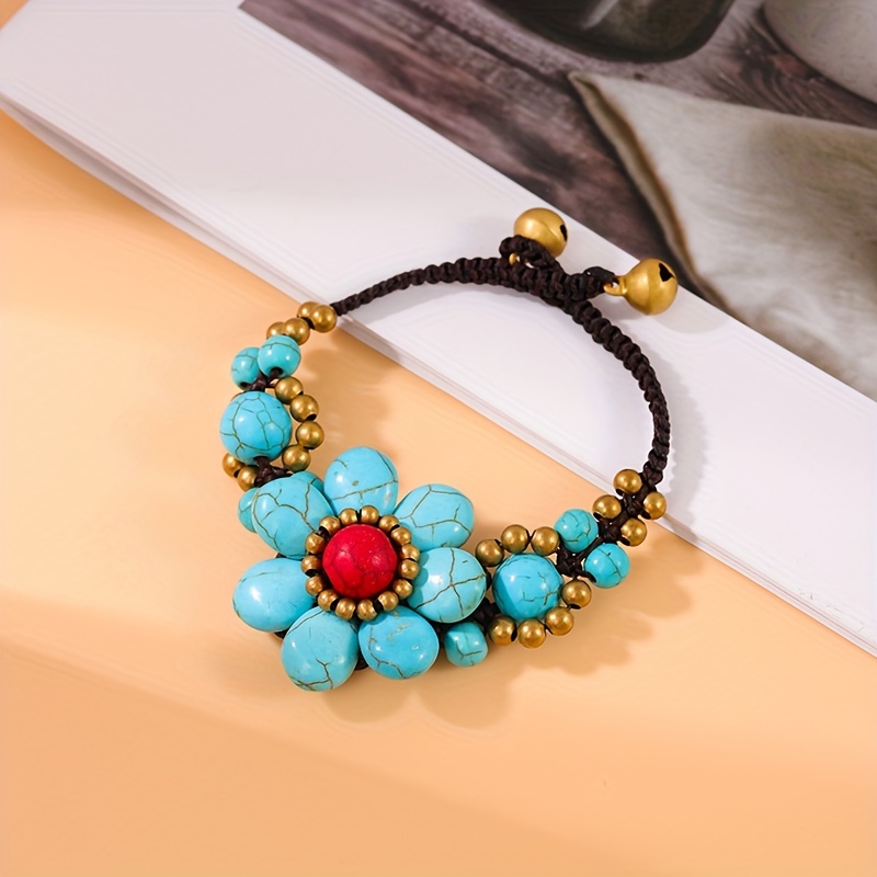 Adjustable Turquoise Flower Bracelet Vintage Inspired with Stone Beads