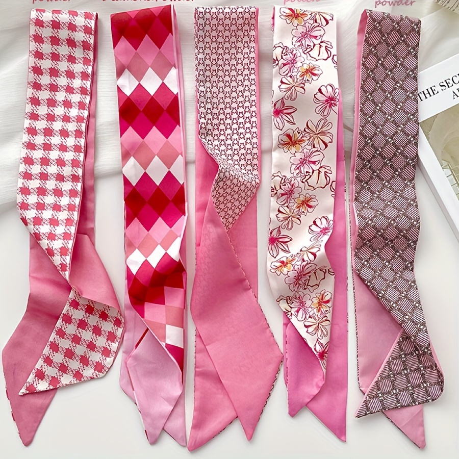 

5-pack Pink-themed Narrow Silk Scarves, Versatile Spring/summer Ribbons For Hair Tying & Bag Accessorizing, Vintage & Elegant Style