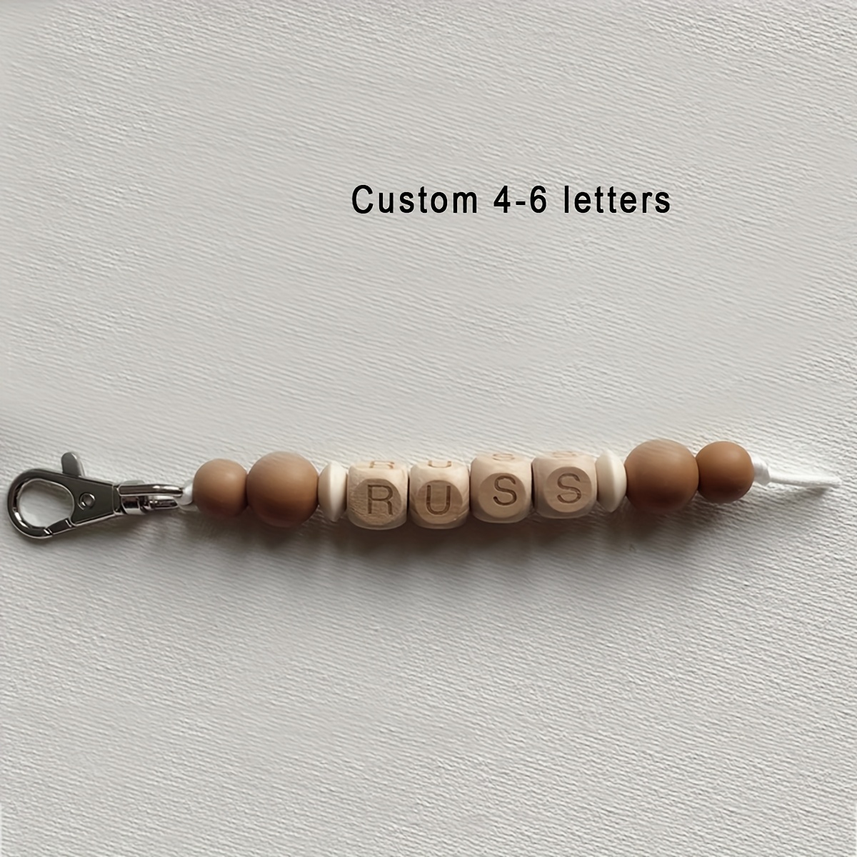 TEMU Customized Keychain With Round Silicone/wood Beads Featuring A Name Tag, Personalized With English Letters And , Suitable For Bags, Keychains