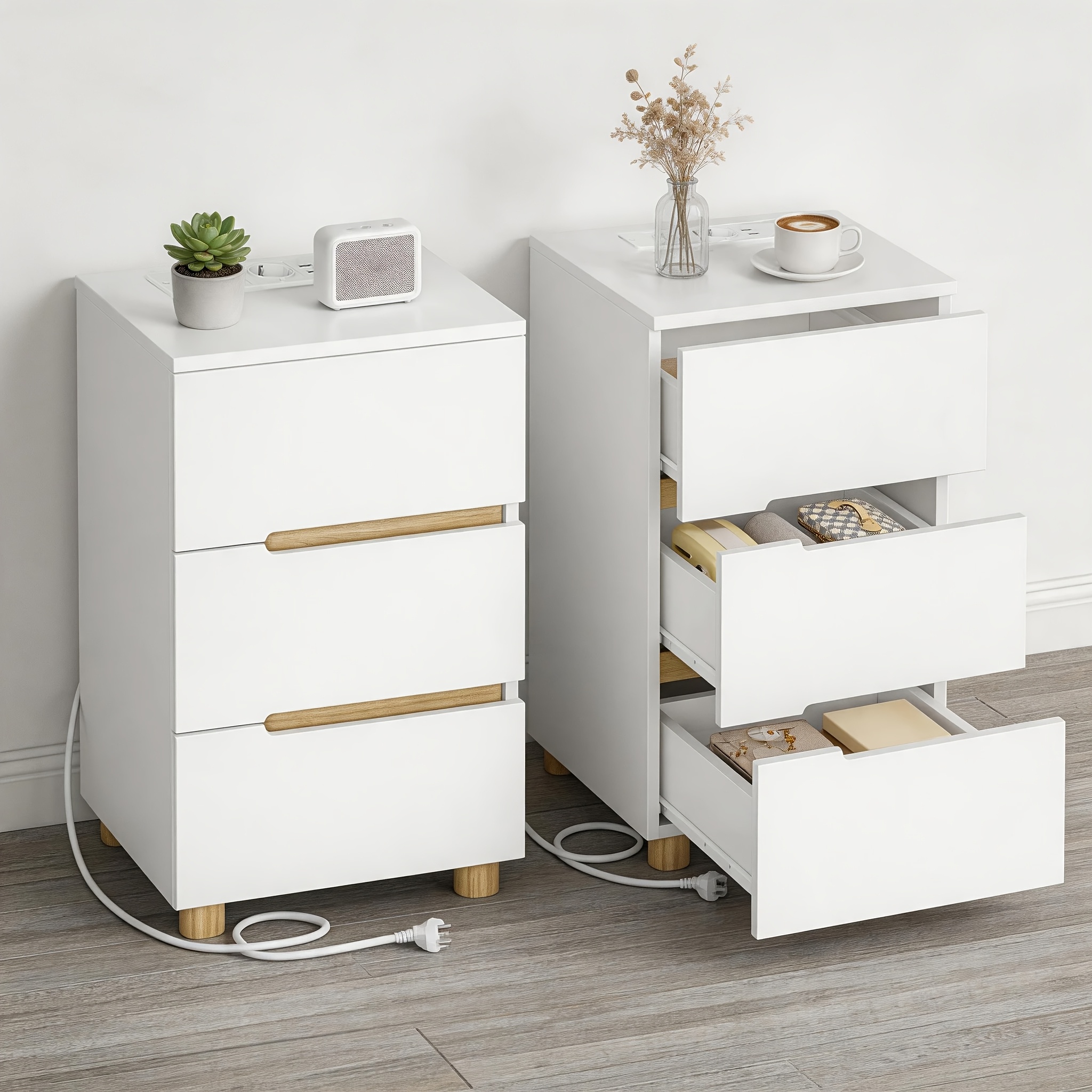 Image of 2pcs Bedside Table Set, White And Natural Bedside Table With Charging And 3 Drawers Of Storage, A Neat And Comfortable Bedside Corner And A Touch Of Beauty To The Bedroom And Living Room, 36x41x66cm