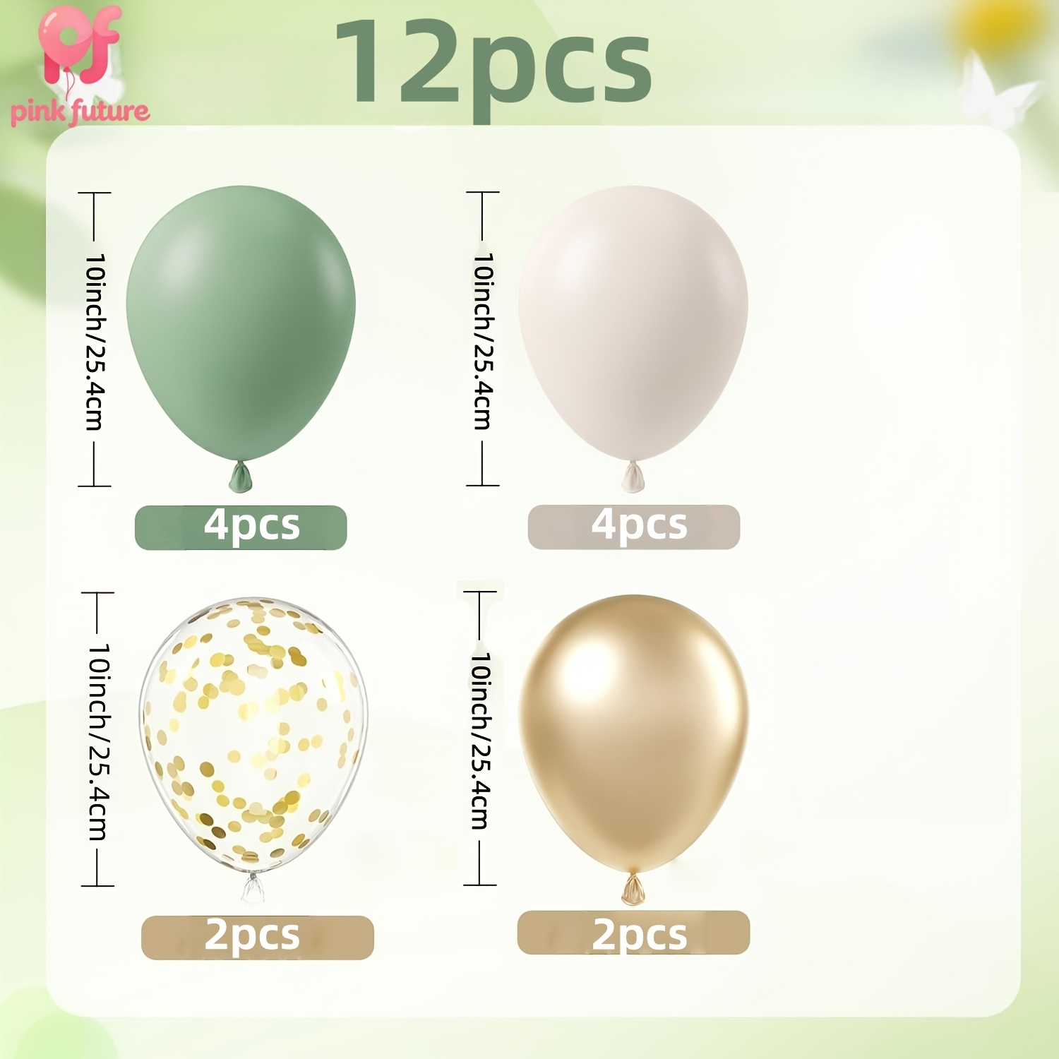 TEMU 12pcs Of Sage Green, Beige, Metallic Golden, Golden Glitter Balloon Set, Suitable For Weddings, Birthdays, Bohemian Themed Birthday Parties,