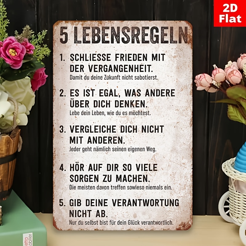 E-shop 2D Flat - Inspirierendes 2D Flat Metallschild, 1 - Die 5 Regeln des Lebens | Wanddekoration mit deutscher Einleitung, für Zuhause, Büro oder als