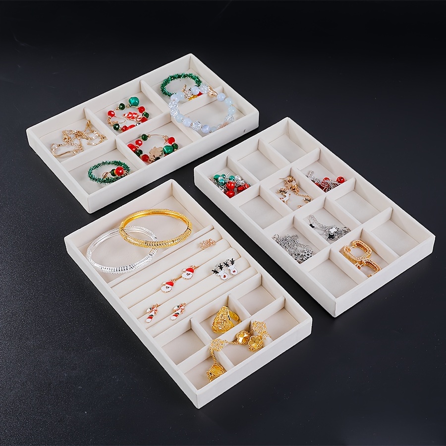

Beige Velvet Jewelry Organizer Set - 8-piece Tray System For Earrings, Bracelets & Necklaces Storage, Wooden Design, 21x12.3x2.5cm