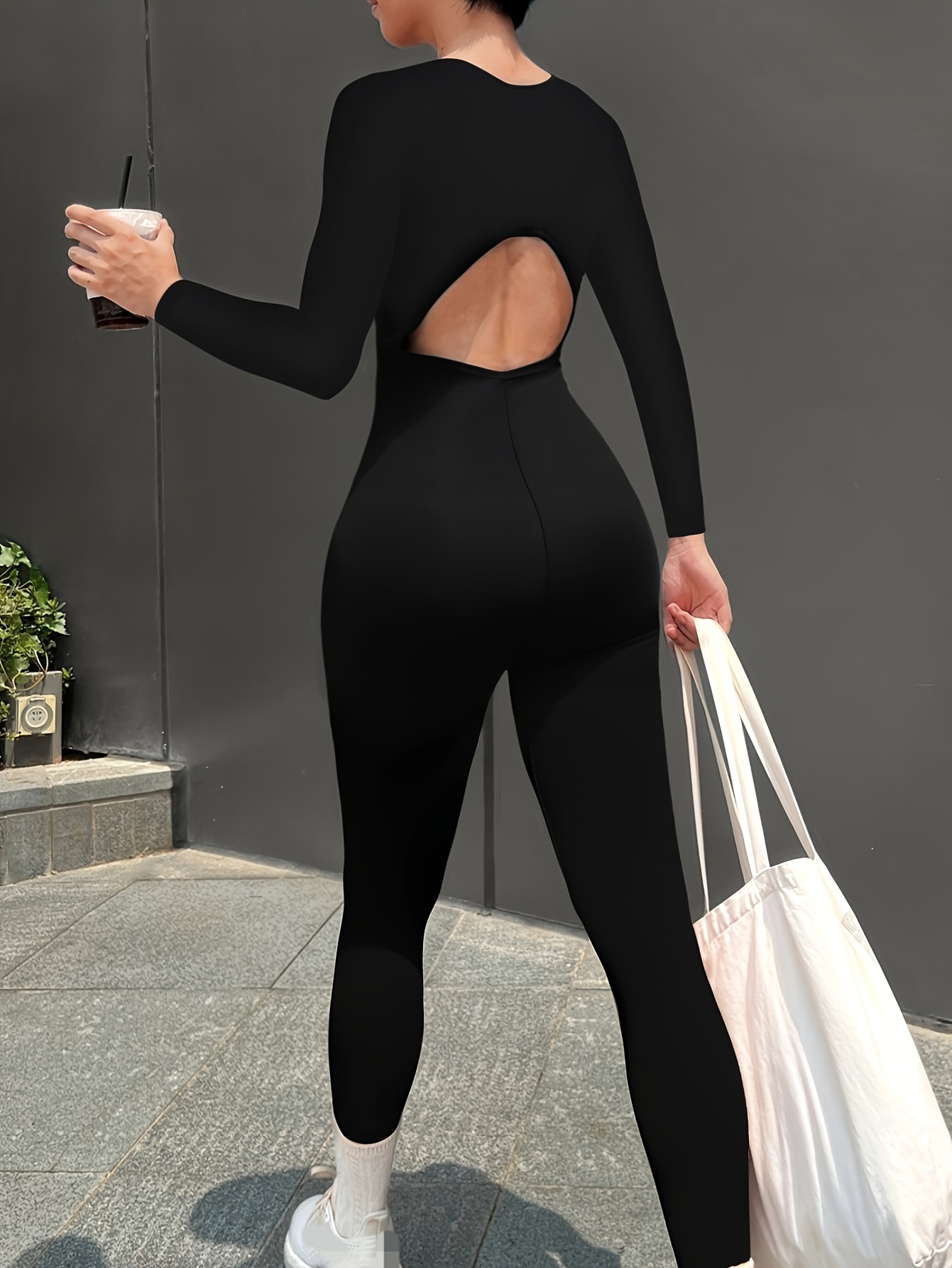 1pc elegant womens knit yoga jumpsuit jp2066 solid color long sleeveless bodysuit with round neck zipper and back cutout detail polyester stretch fabric     0