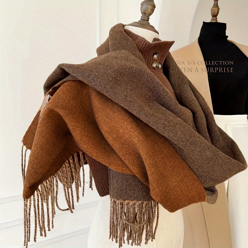 

Double Sided Color Block Scarf, Coffee Color/apricot Cashmere Tassel Shawl, Autumn Winter Warm Windproof Scarf For Women And Men