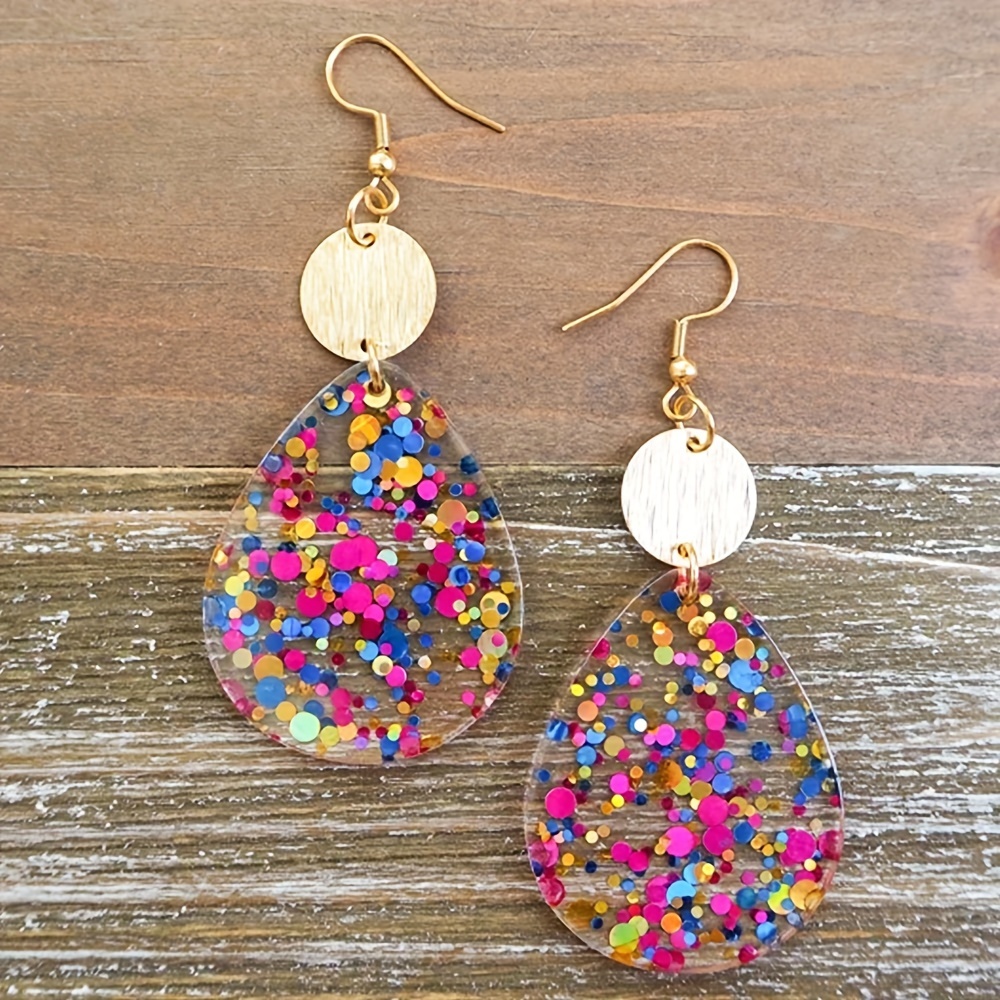 

1pair Boho Acrylic Teardrop Dangle Earrings With Confetti Design And Alloy Hooks, Lightweight Retro Sparkle Earrings For Women, Trendy Fashion Jewelry Accessory, Ideal Gift