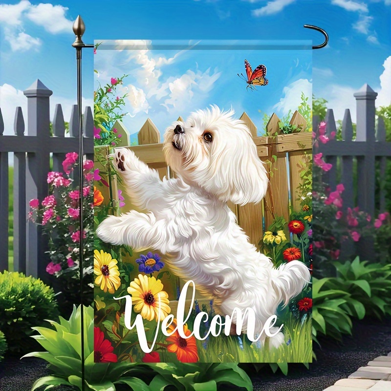 

festive Spirit" Charming White Maltese & Butterfly Floral Double-sided Garden Flag - Perfect For All Seasons, Durable Polyester, Ideal For Yard, Lawn, Farmhouse Decor, 12x18 Inch, Pole Not Included
