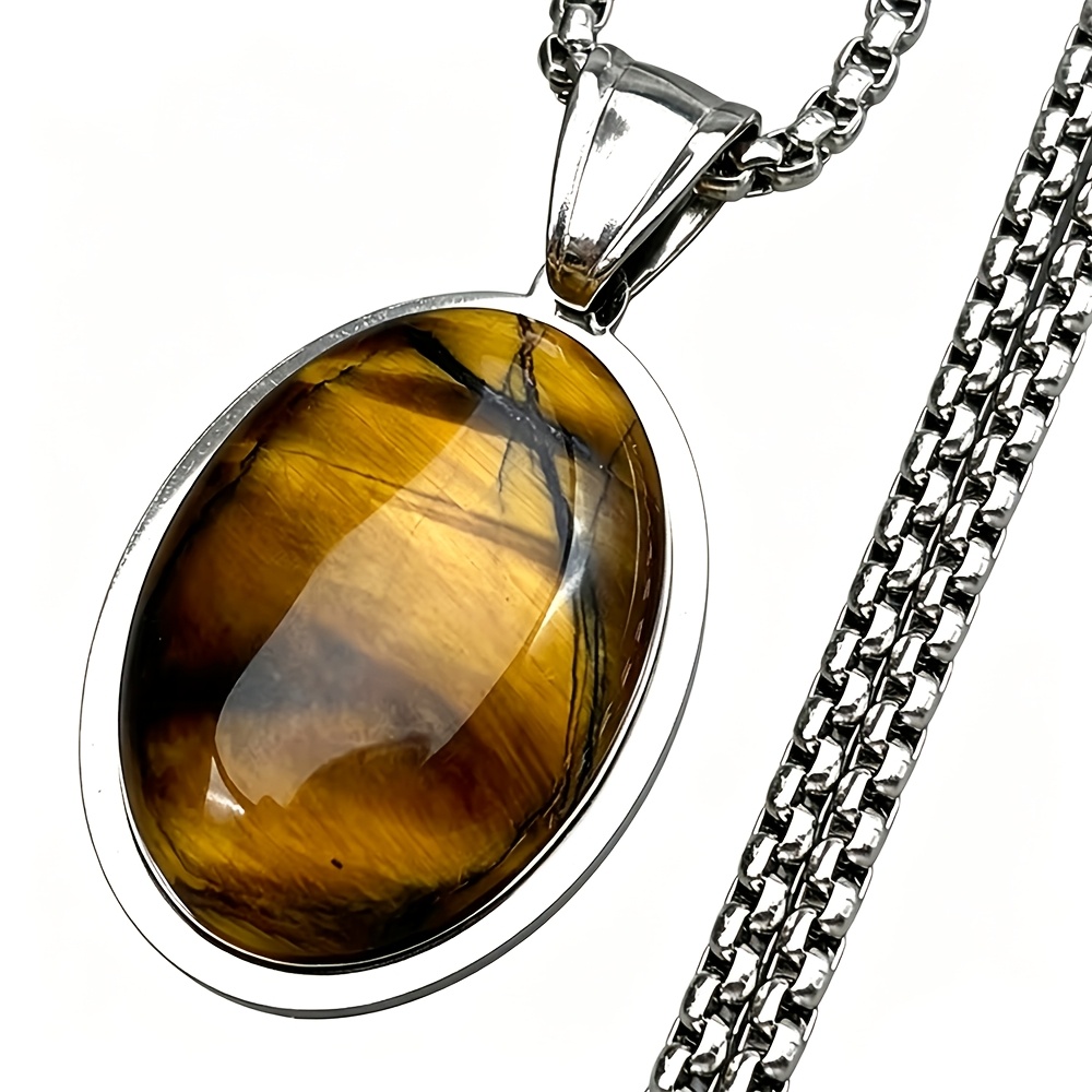 TEMU Tiger Eye Oval Necklace For Women And, Stainless Steel, 2025 Trendy Women's Jewelry With Natural Stone, Simple And Elegant Design