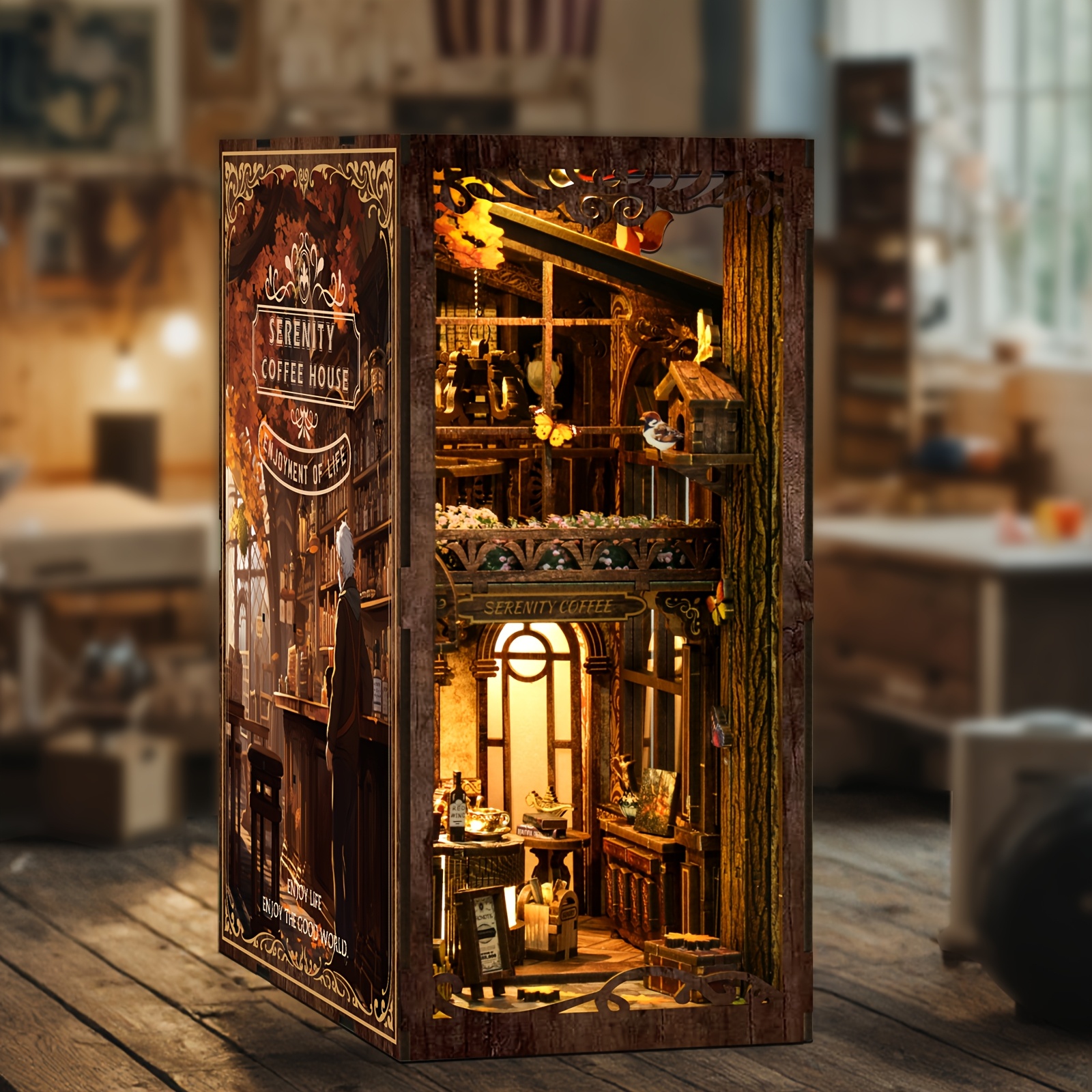 TEMU Diy Miniature Book Nook Kit With Led Light, 3d Wooden Bookshelf Puzzle, Dustproof Decor For Adults Perfect Gift For Craft Lovers, Ages 14+