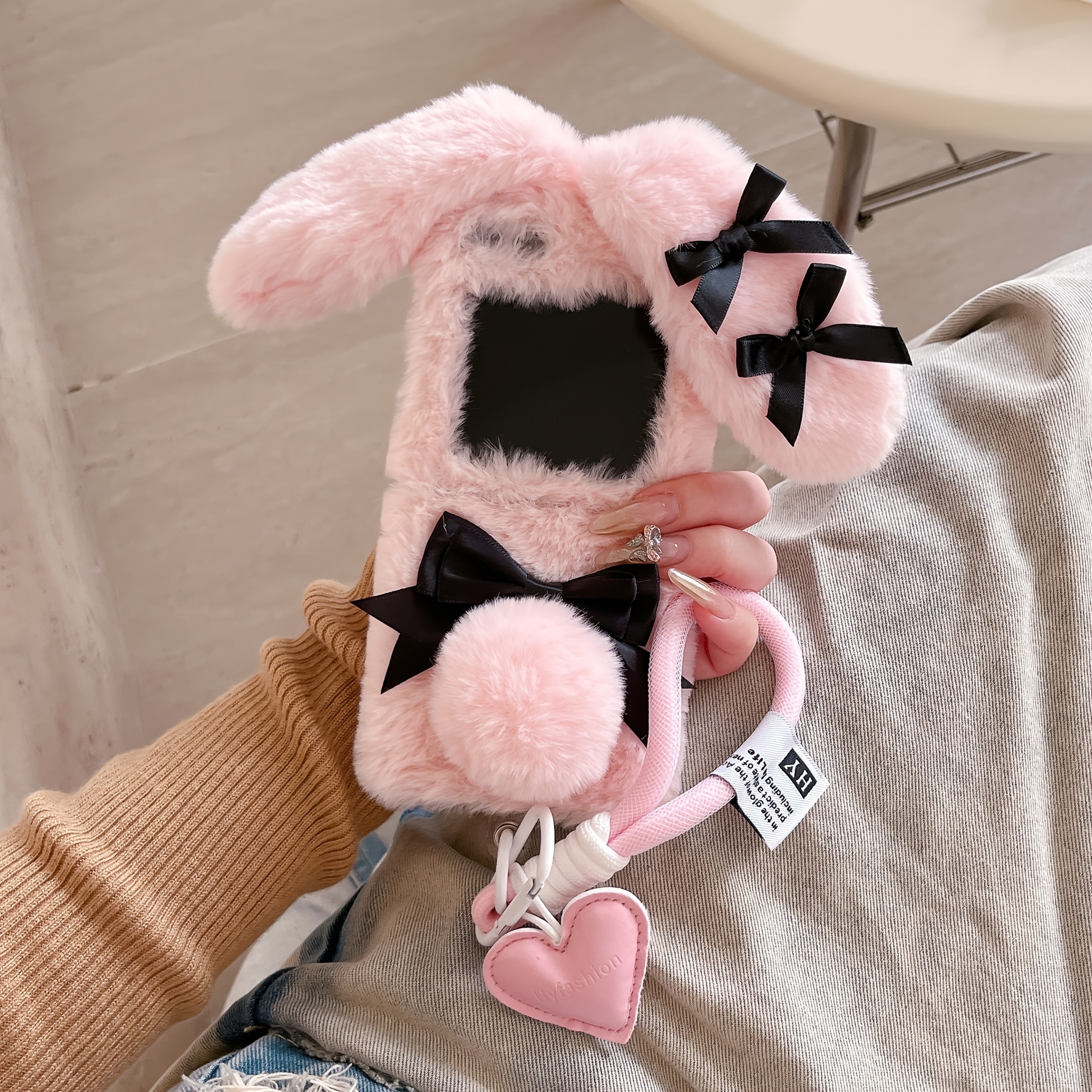 TEMU Phone Case: Cute Bow Bunny Plush Foldable Phone Case With Wrist Strap, Compatible With Galaxy Z Flip 6/5/4/3