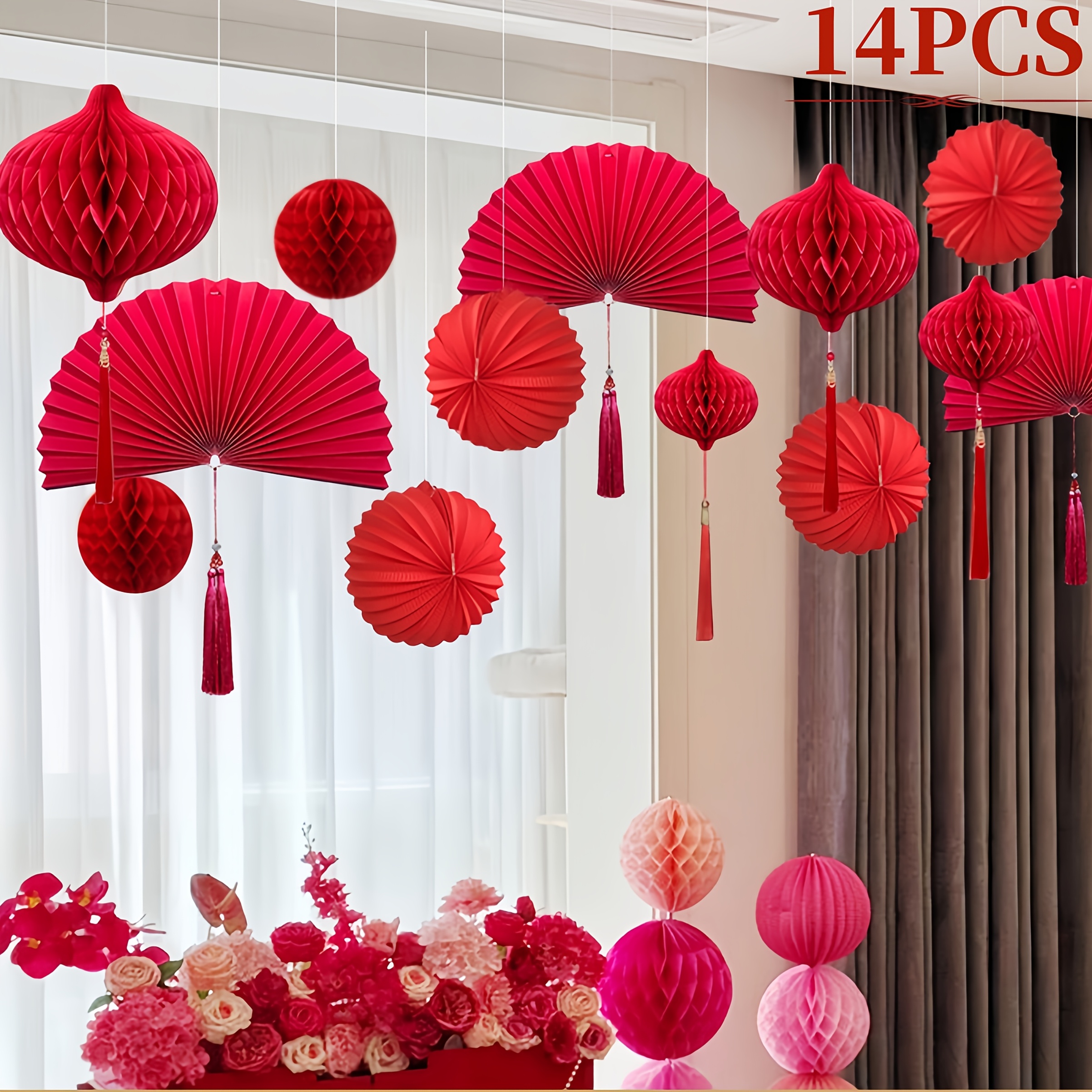 

14pcs Traditional Chinese Red Lanterns Set - Paper Fan Pendants & Lanterns For New , 's Day Decor, No Needed, Featherless, For , , Decorations