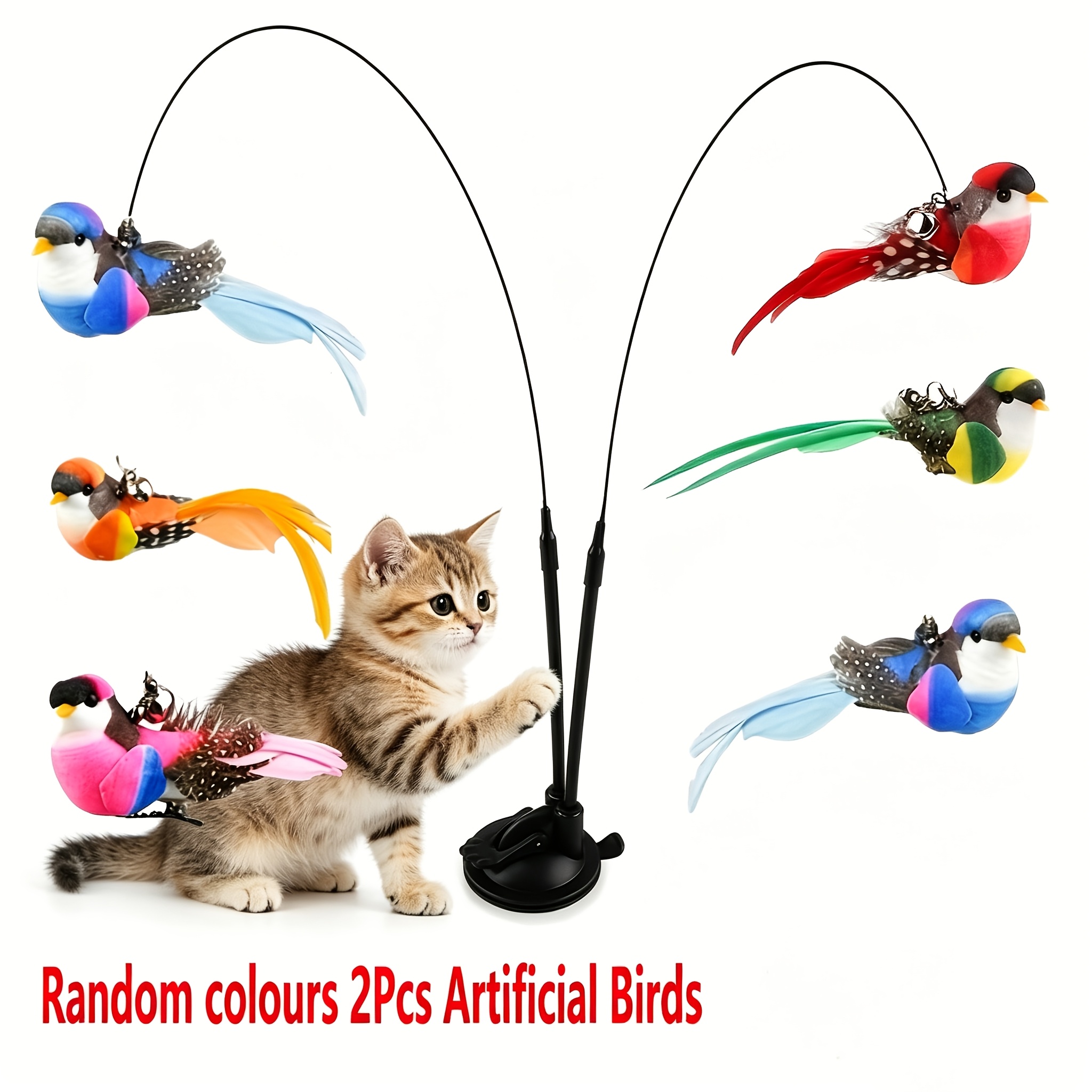 TEMU Random Colors 2pcs Artificial Birds, 1 Set Interactive Cat Toy: Cat Teaser With Strong Suction Cup Base And Double Rods Indoor Cat And Dog Toys,