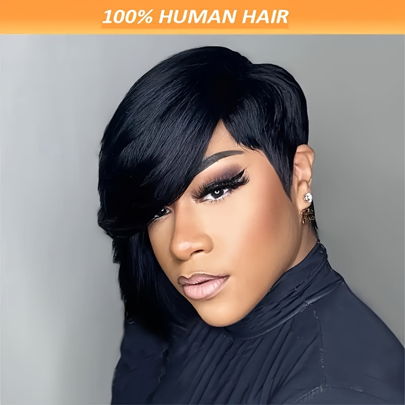 

Women's Short Cut Wig With Bangs, 180% Density Straight Human Hair, Glueless Cap, Basics Style, With Cosplay And Party Wig