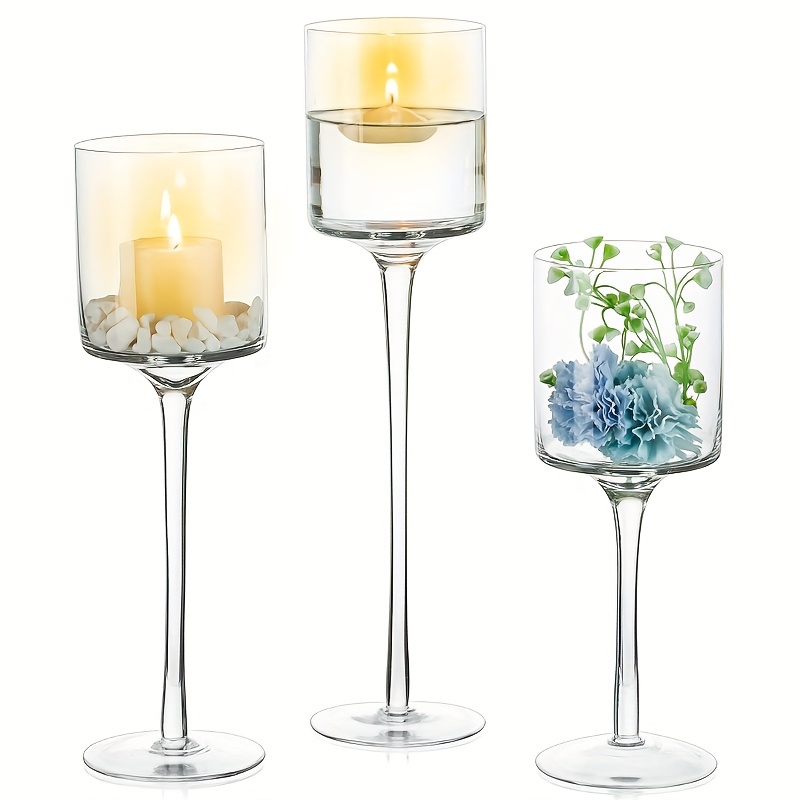 TEMU Tall Candle Holder Set Of 3 Floating Candle Vases, Long Stem Candle Holders, Clear Glass Floating Candle Holders, Tall Candle Holders For Table