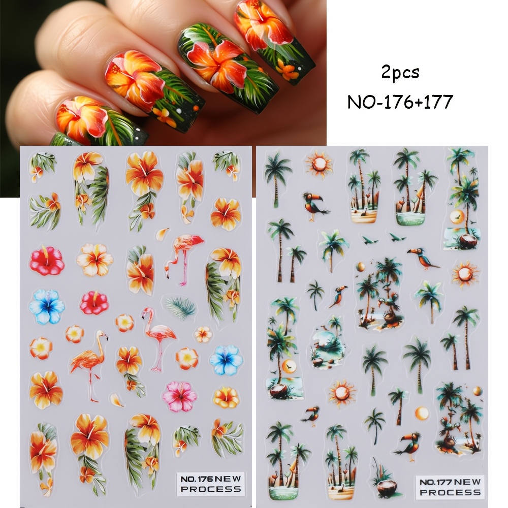 2pcs Tropic Flower Leaves 3d Nail Art Stickers, Coconut Tree Flowers Flamingos Beach Patterns Nail Decals Self Adhesive Nail Supplies
