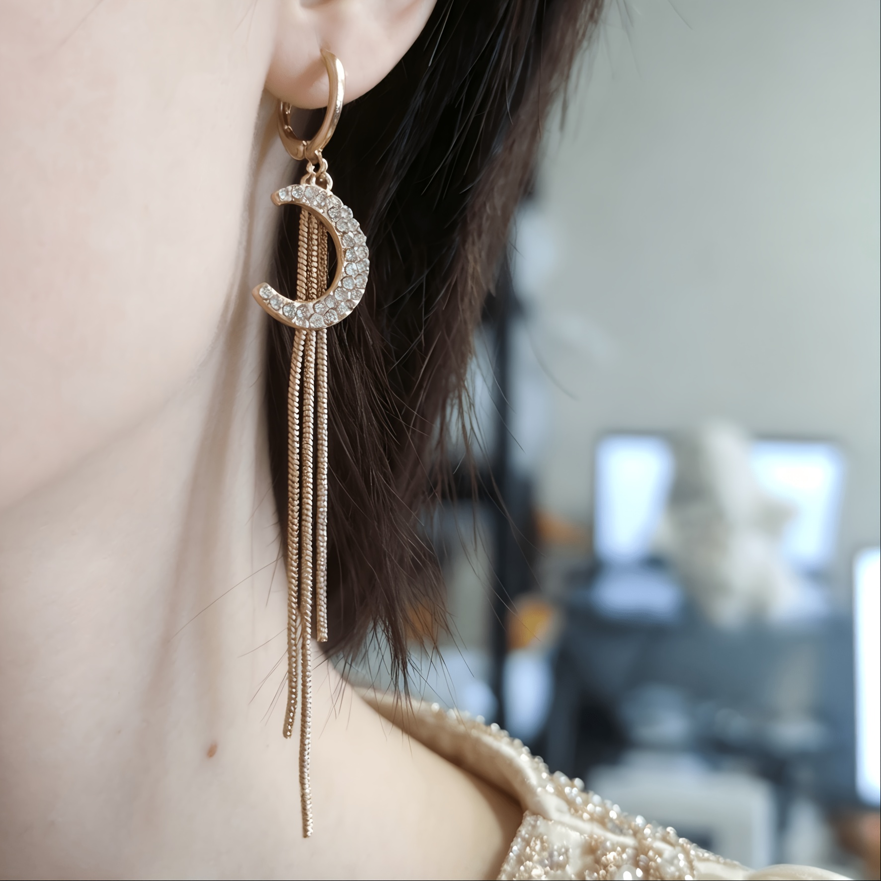 Women's Delicate Glass Crescent Moon Tassel Bead Earrings